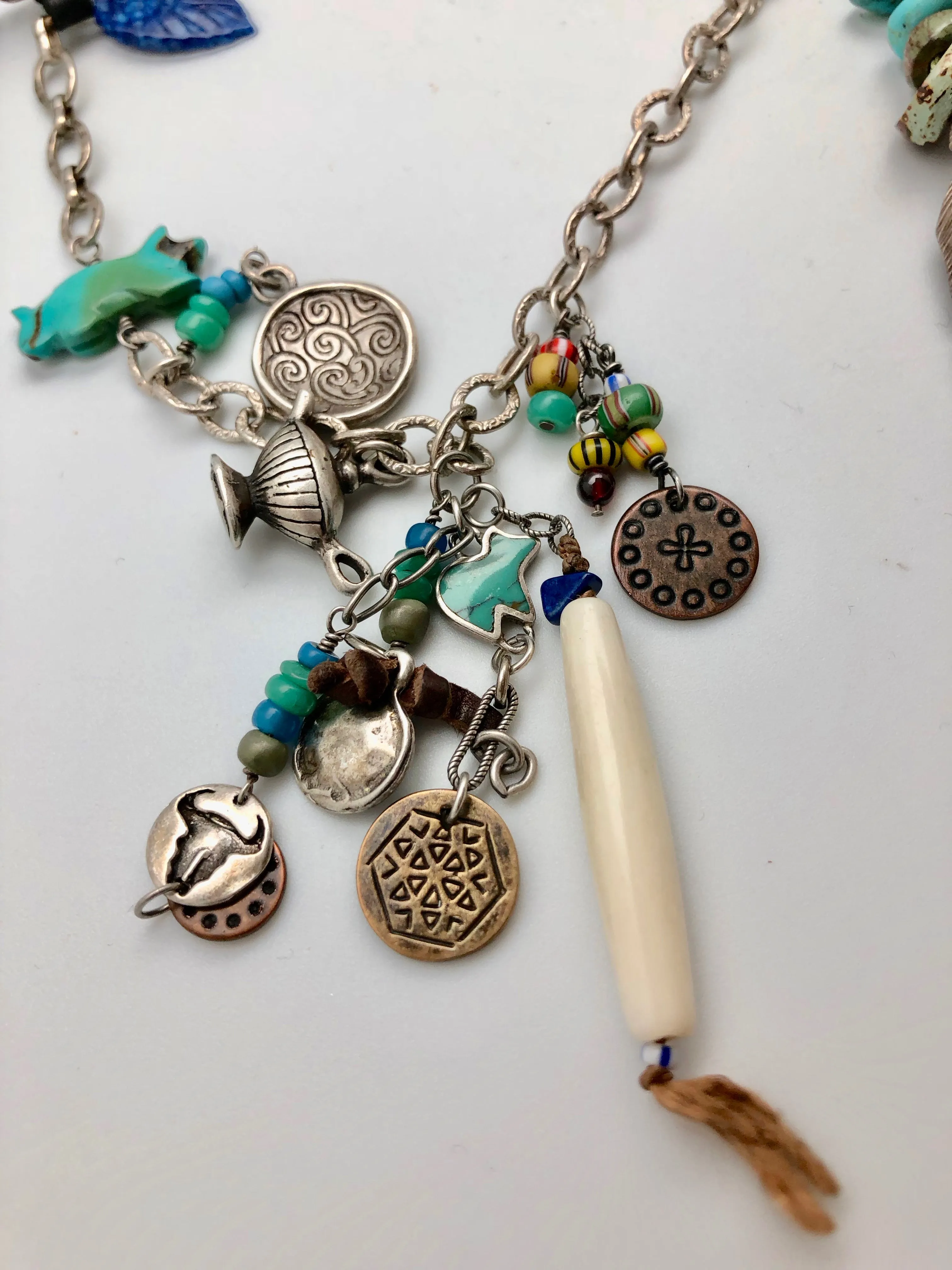 Peyote Bird Protection and Strength Necklace with Fetish and Silver Charms