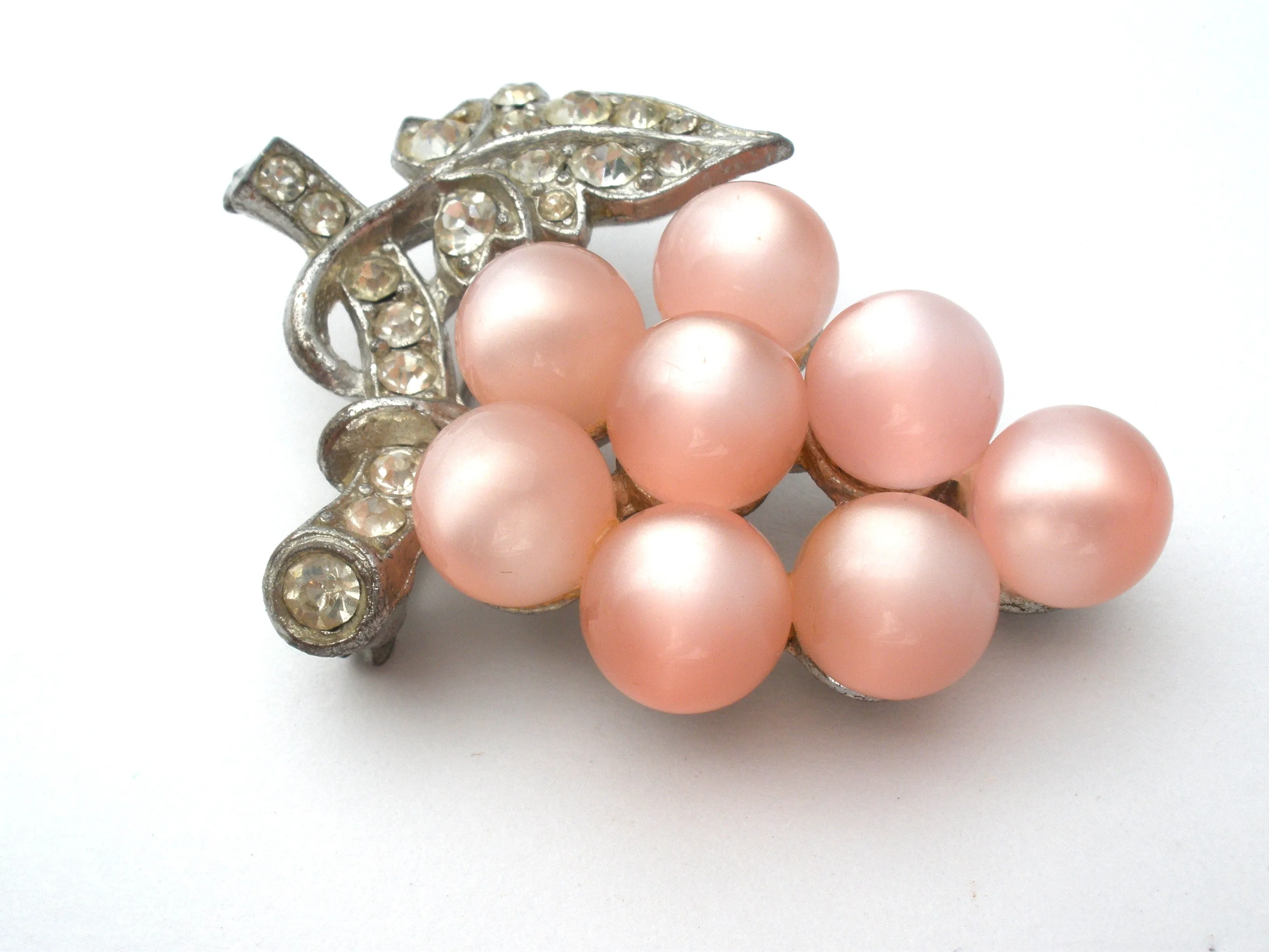 Pink Moonglow & Rhinestone Grape Brooch Pin Vintage