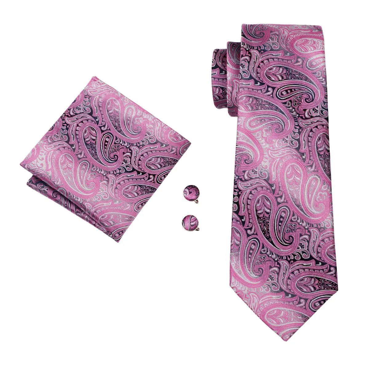 Pink Paisley Tie Pocket Square Cufflinks Set with Brooch