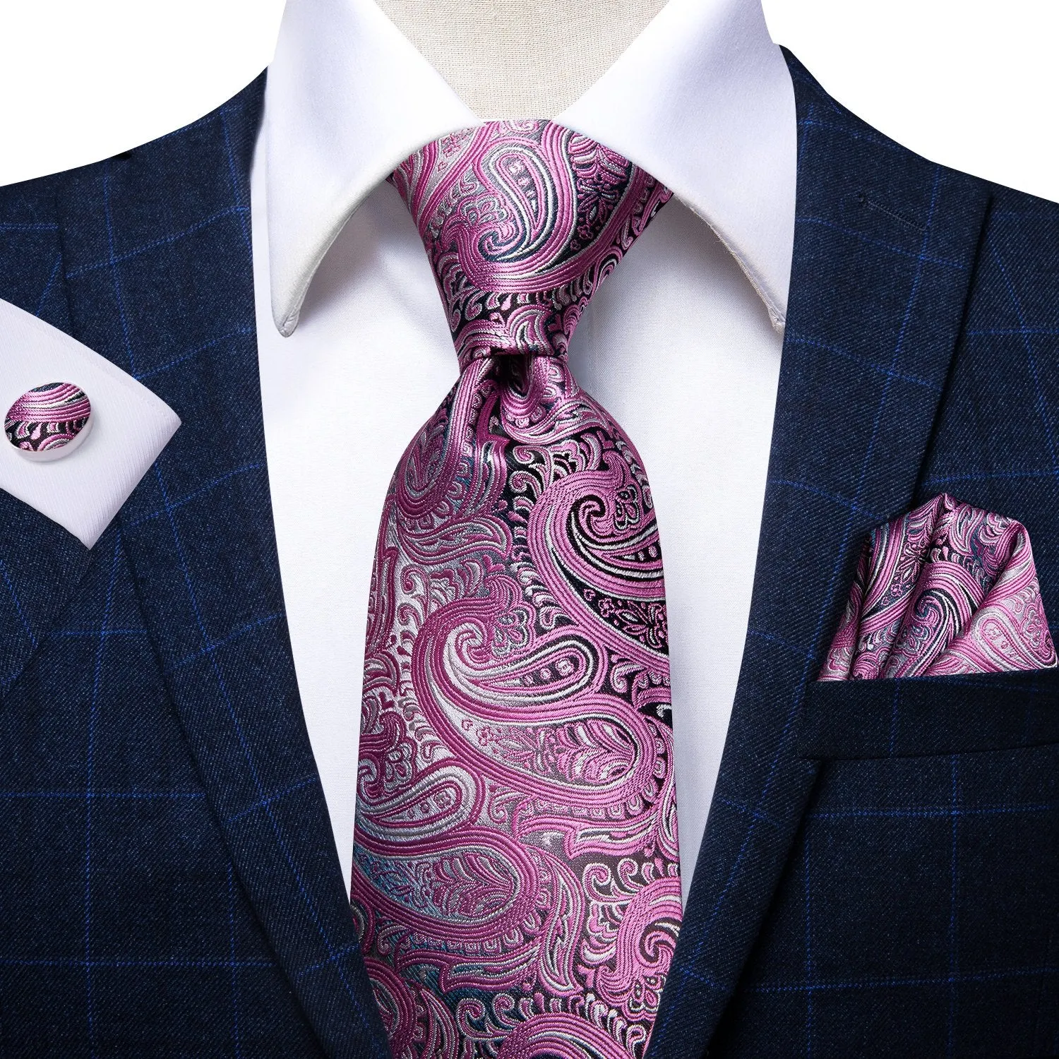 Pink Paisley Tie Pocket Square Cufflinks Set with Brooch