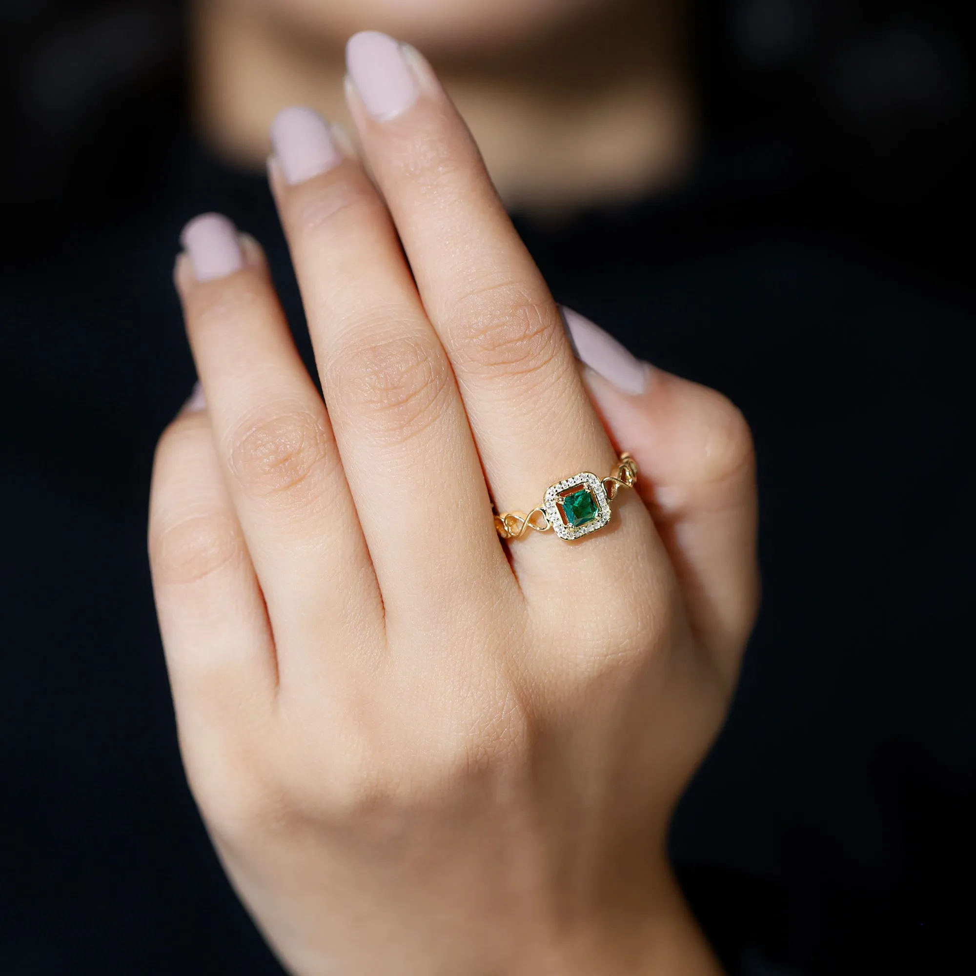 Princess Cut Lab Grown Emerald Infinity Heart Promise Ring with Diamond Halo