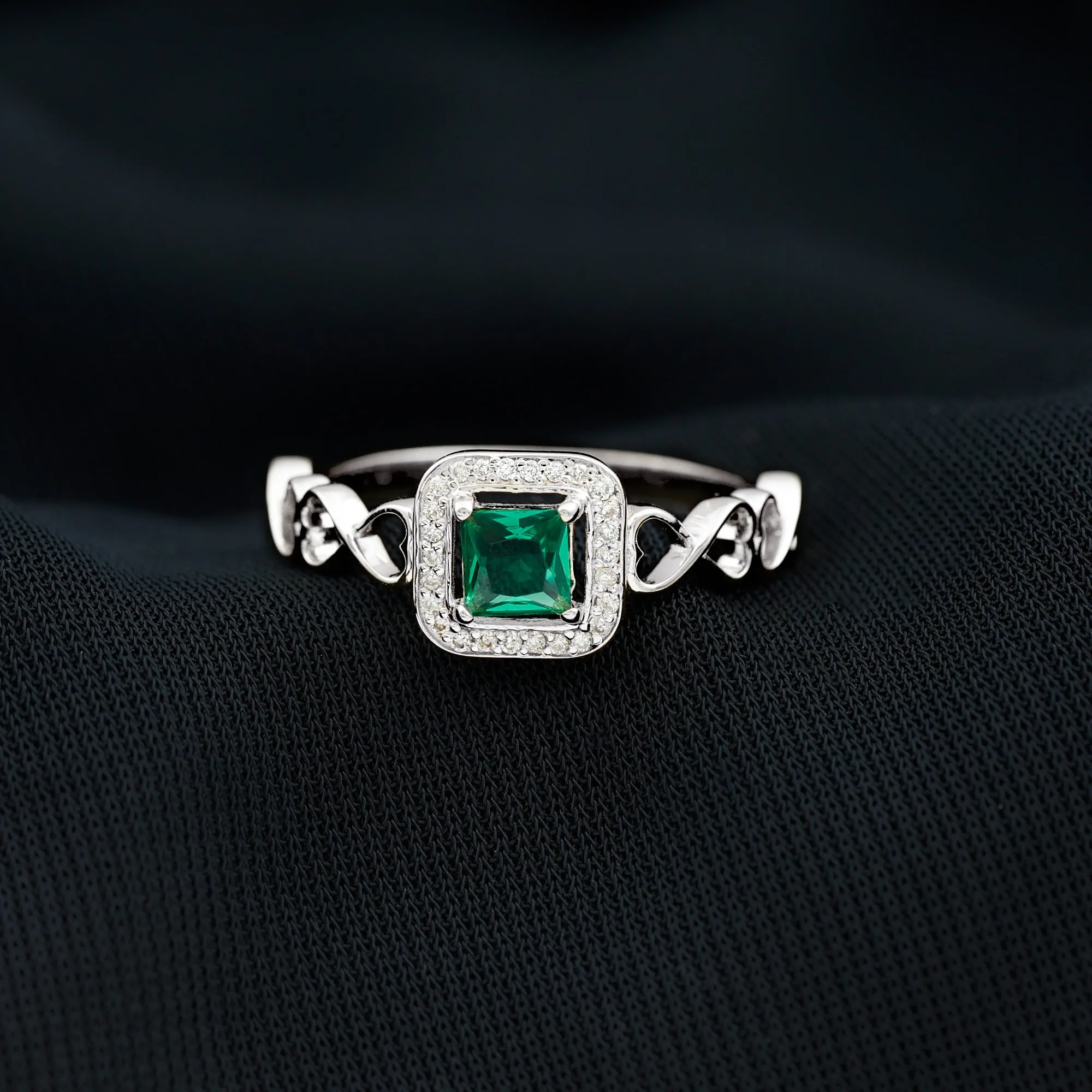 Princess Cut Lab Grown Emerald Infinity Heart Promise Ring with Diamond Halo