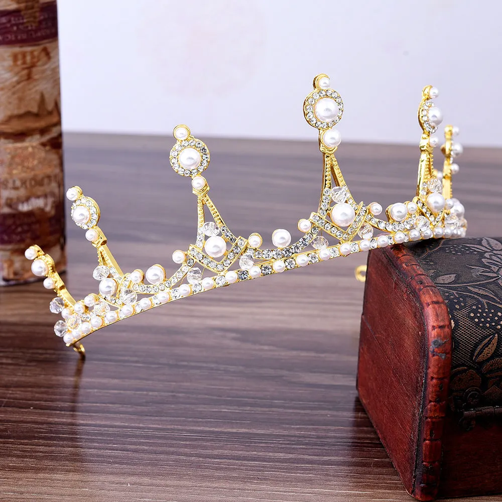 Princess cute bride rhinestone handmade crystal beads inlaid pearl crown headband wedding accessories