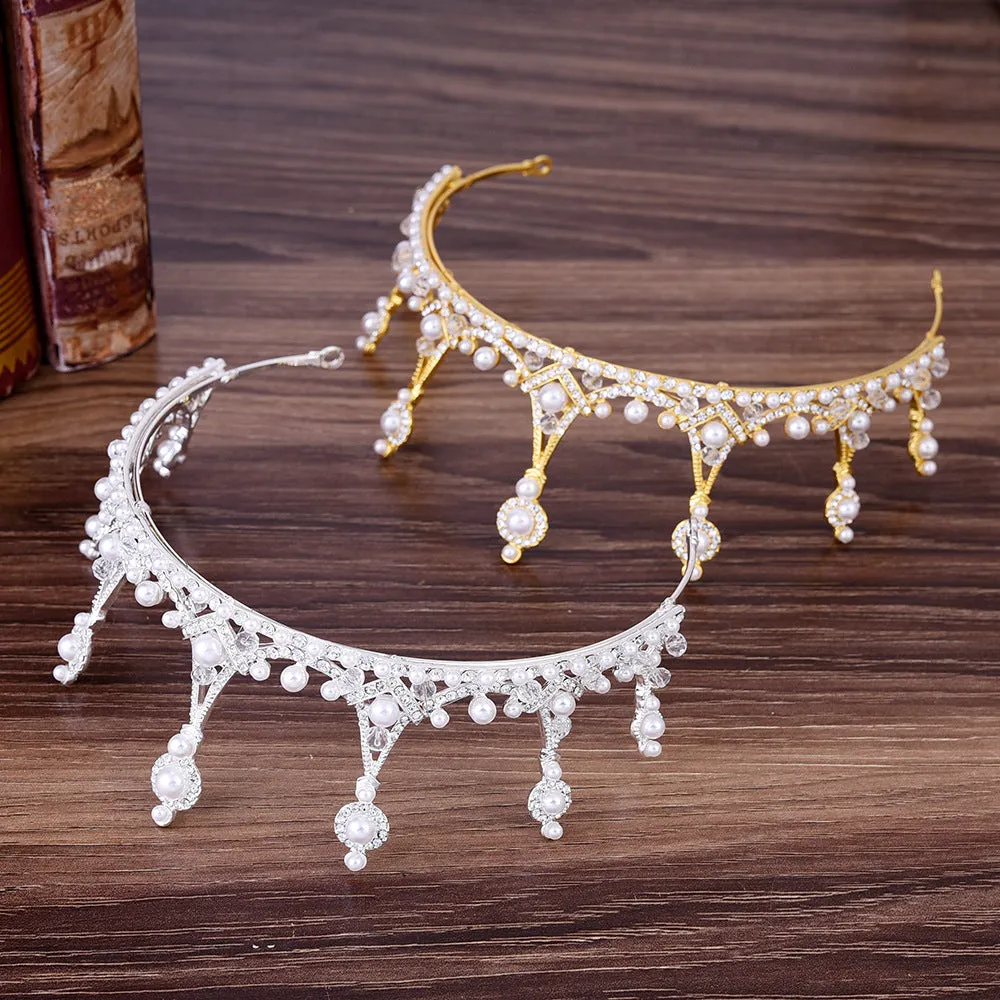 Princess cute bride rhinestone handmade crystal beads inlaid pearl crown headband wedding accessories