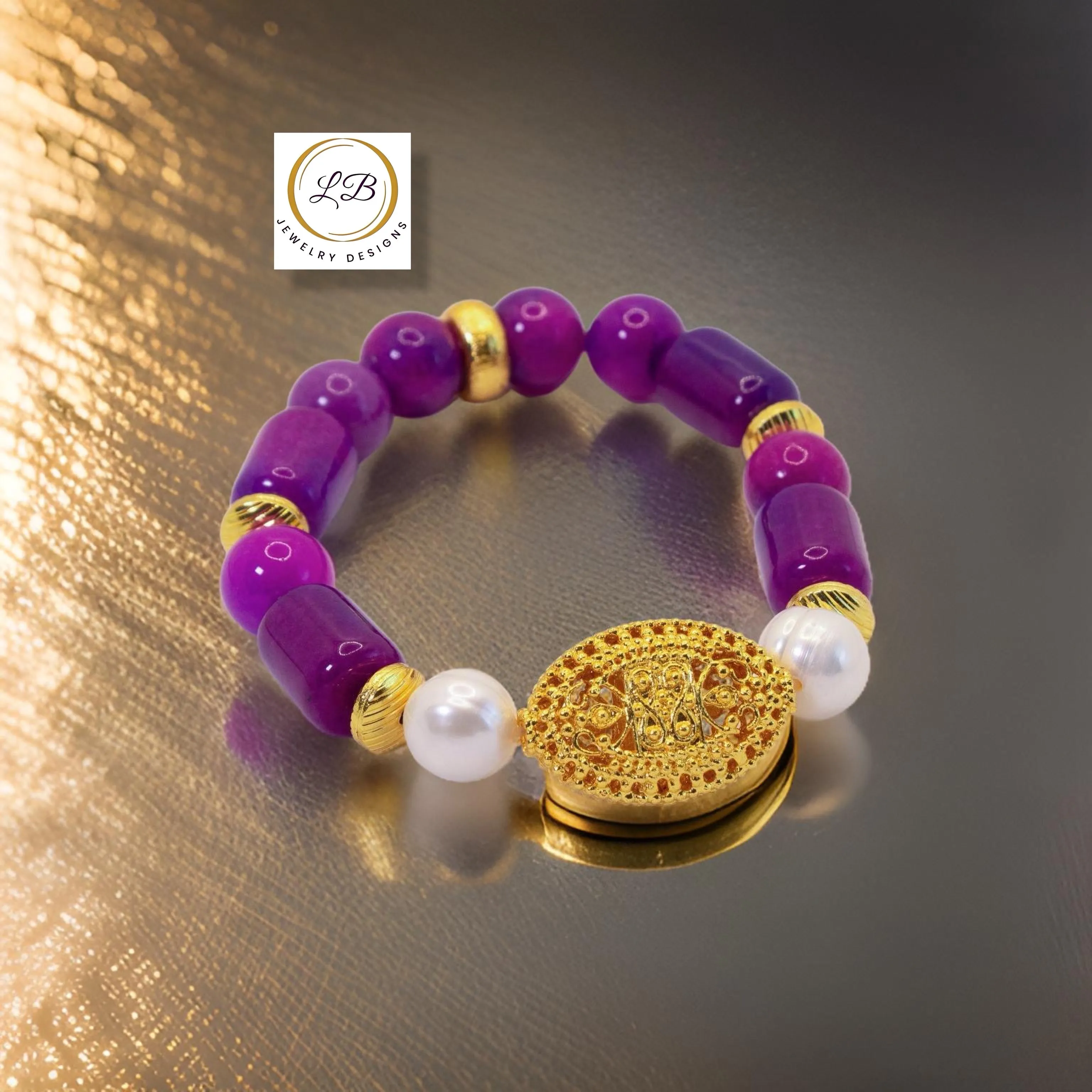 Purple Sugilite & Pearl Gemstones Gold Bali Beaded Bracelet