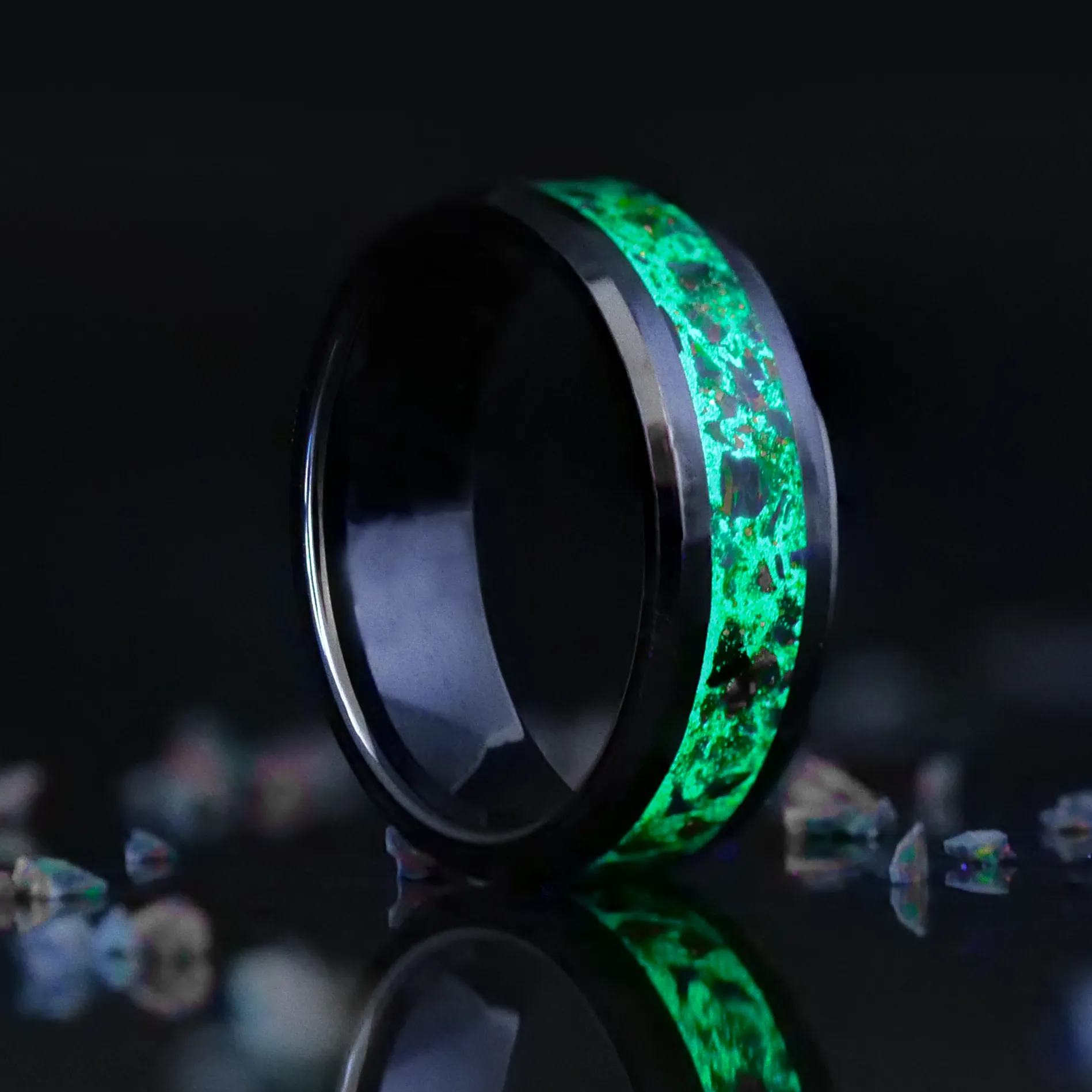 Radiant Black Fire Opal Glowstone Ring on Black Ceramic