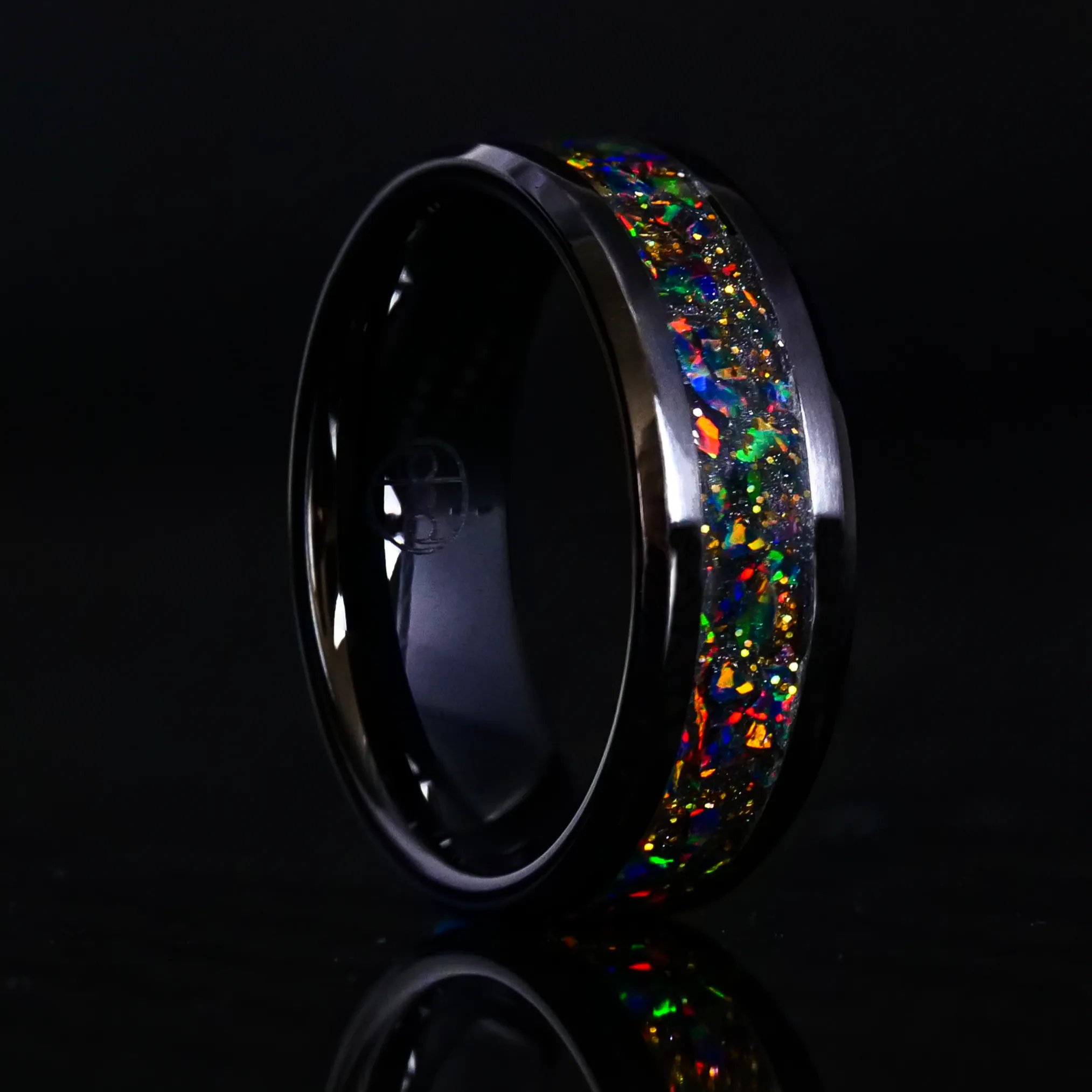 Radiant Black Fire Opal Glowstone Ring on Black Ceramic