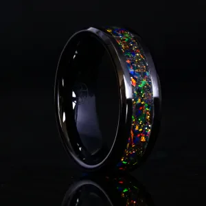 Radiant Black Fire Opal Glowstone Ring on Black Ceramic