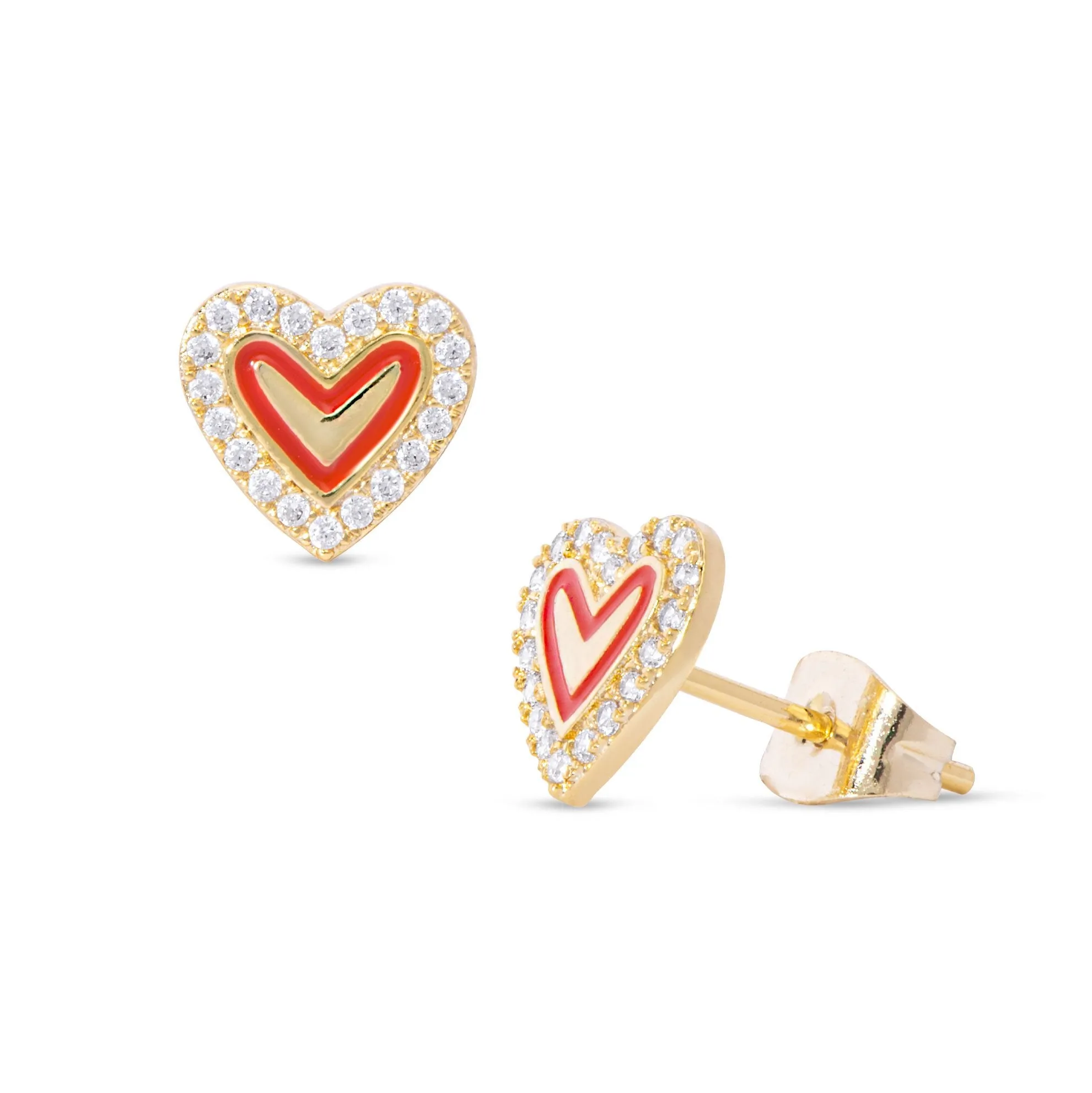 Red Heart & CZ Stud Earrings