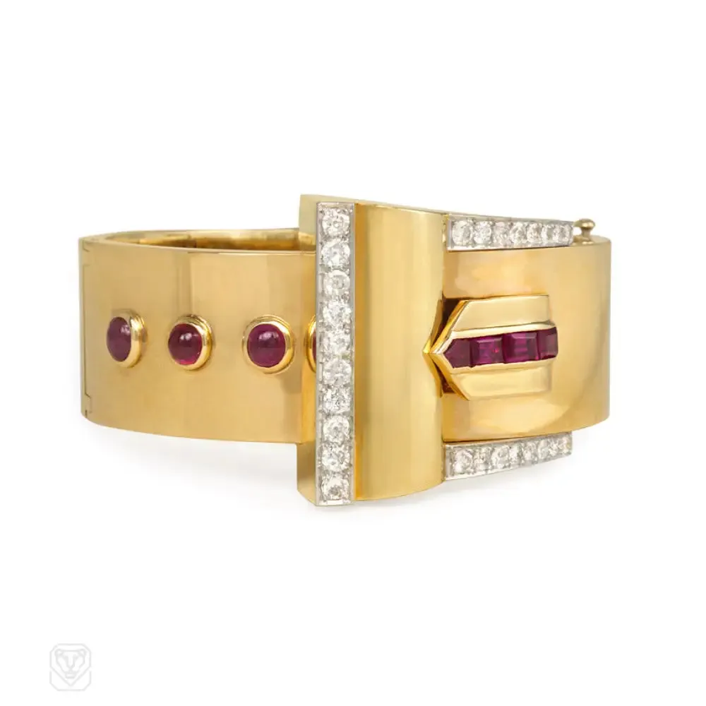 Retro ruby and diamond buckle bracelet