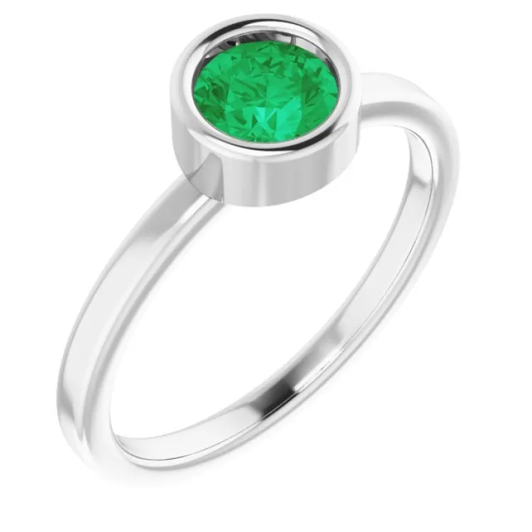 Rhodium-Plated Sterling Silver 5.5 mm Lab-Grown Emerald Ring