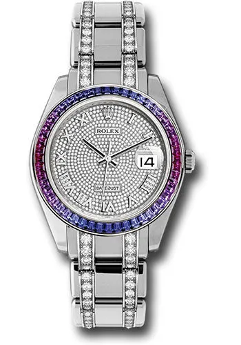 Rolex White Gold Datejust Pearlmaster 39 Watch - 48 Blue To Fuchsia Pink Gradient Baguette-Cut Sapphires Bezel - 18K White Gold Diamond Paved Dial - 86349SAFUBL dpdb