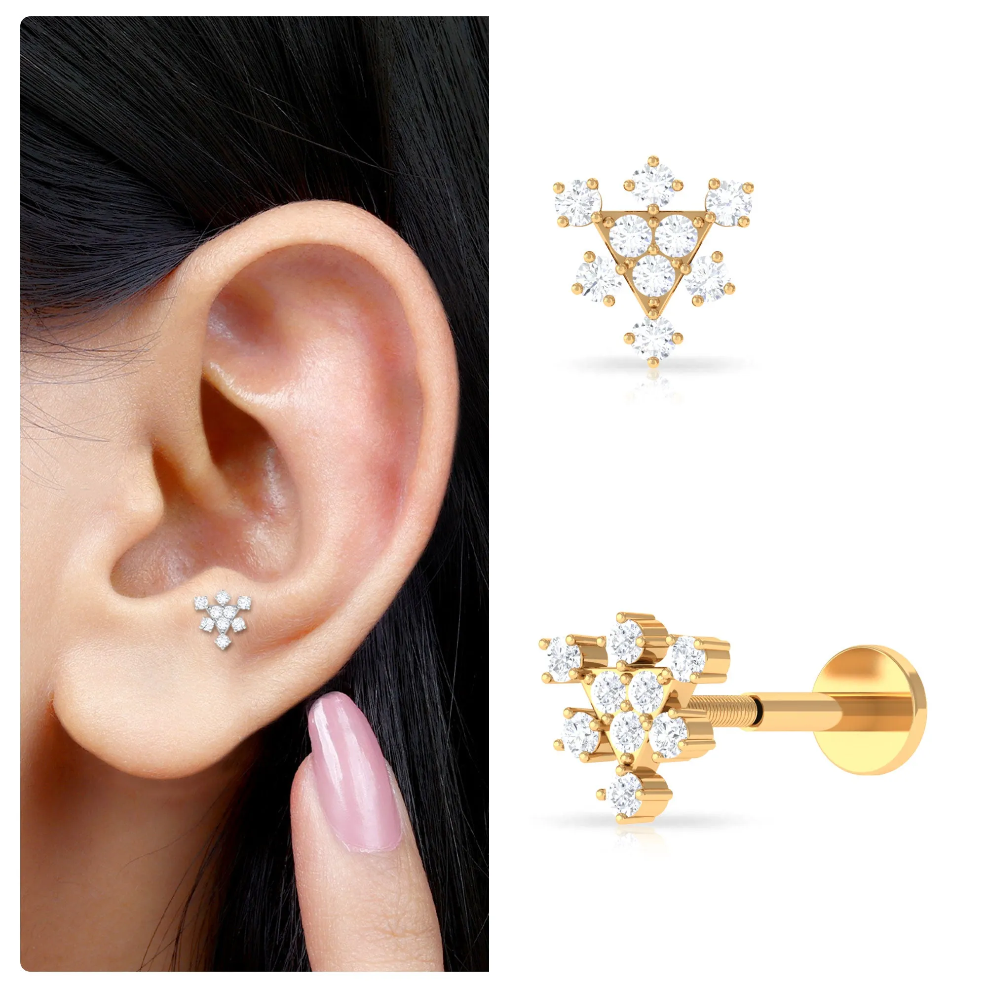 Round Cut Moissanite Art Deco Cartilage Earring in Gold