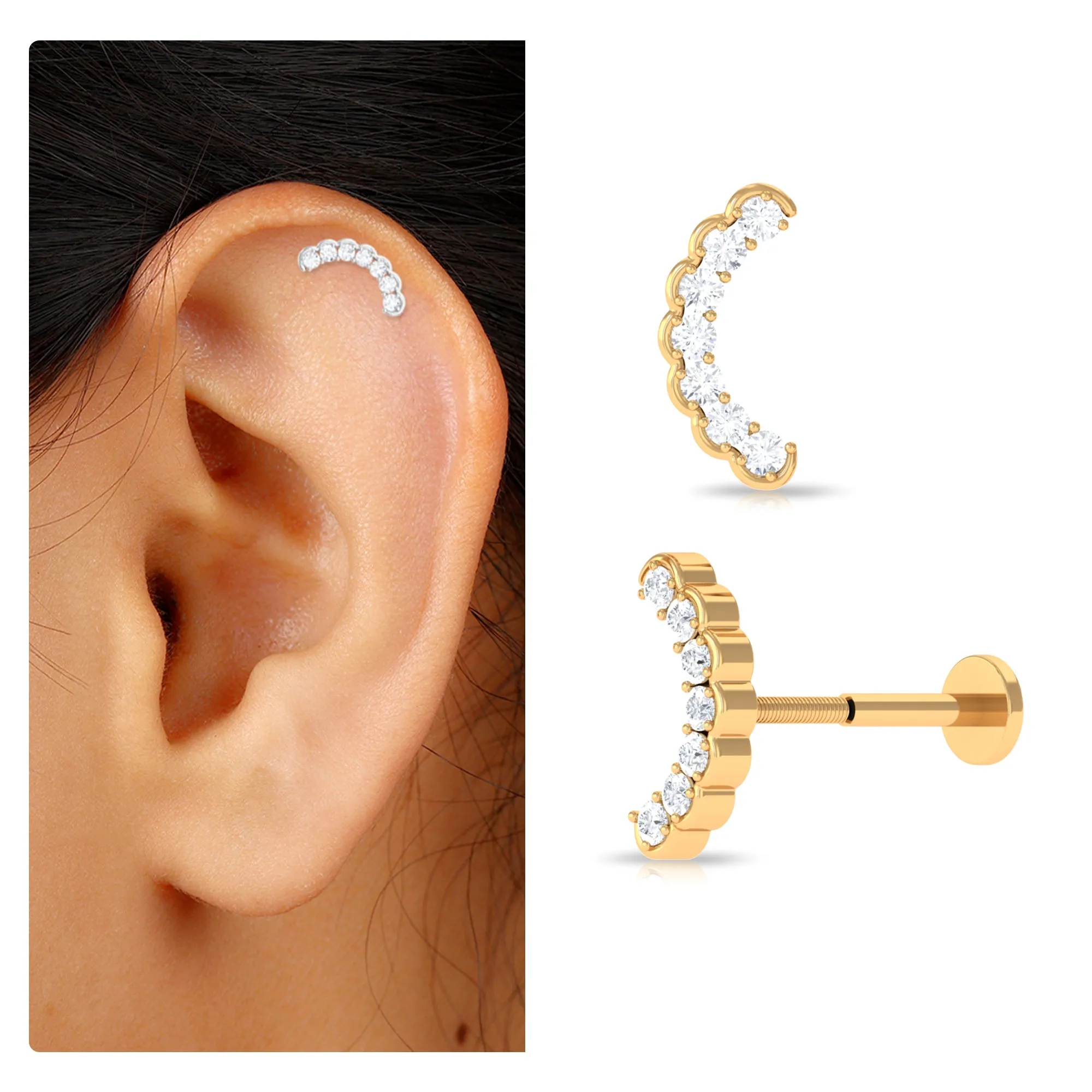 Round Moissanite Climber Cartilage Earring in Gold