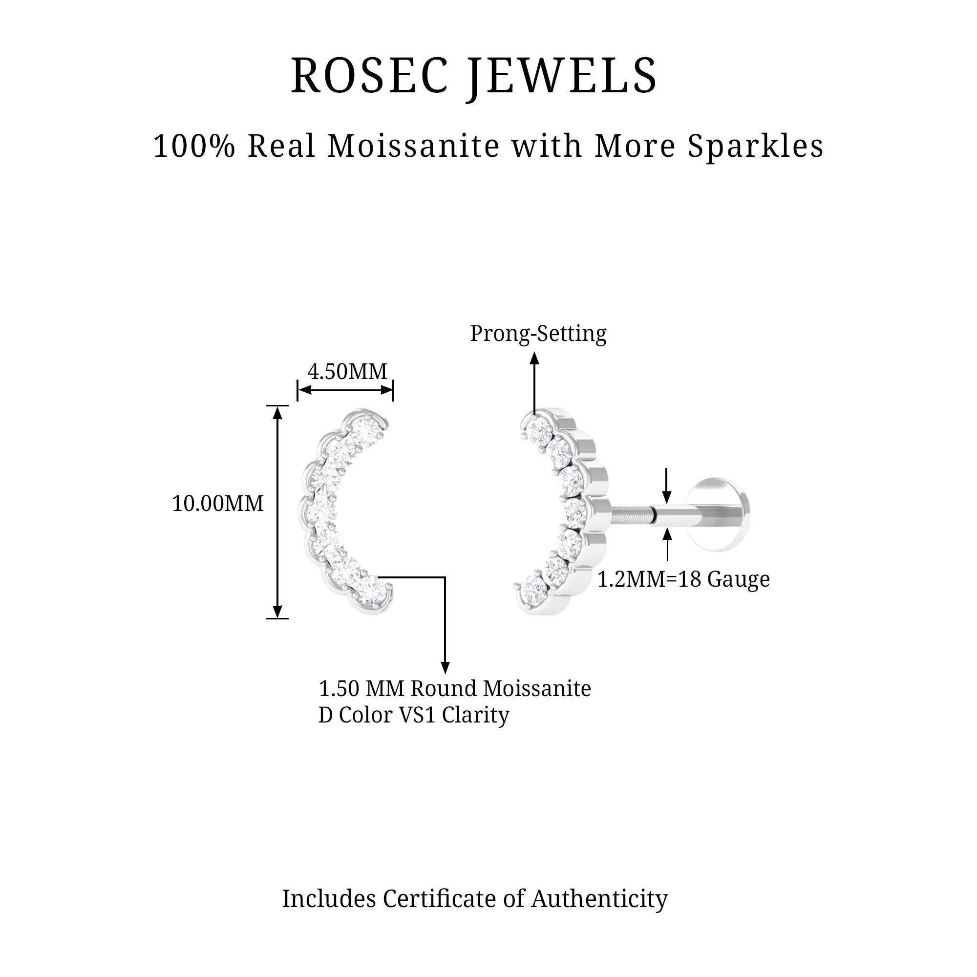 Round Moissanite Climber Cartilage Earring in Gold