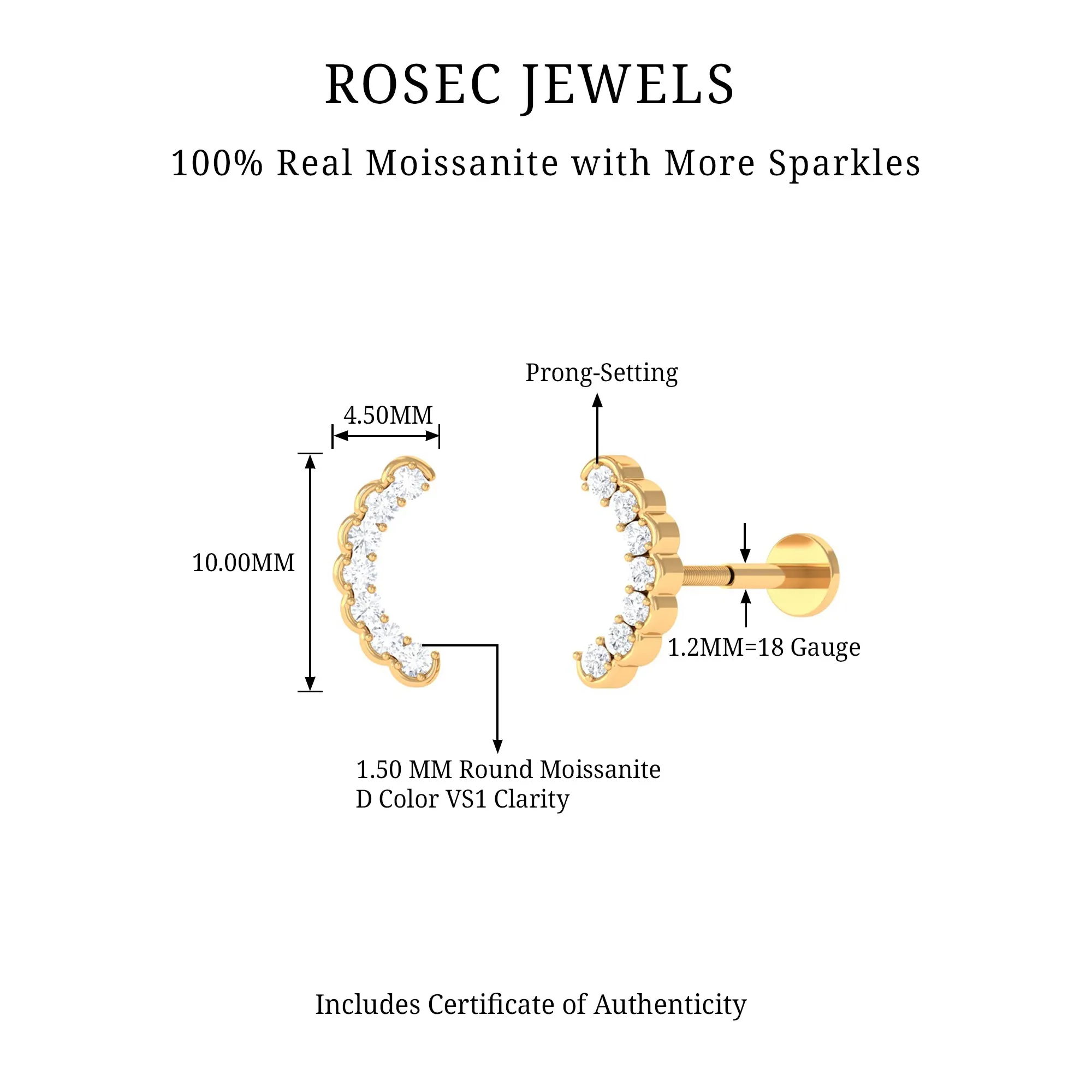 Round Moissanite Climber Cartilage Earring in Gold