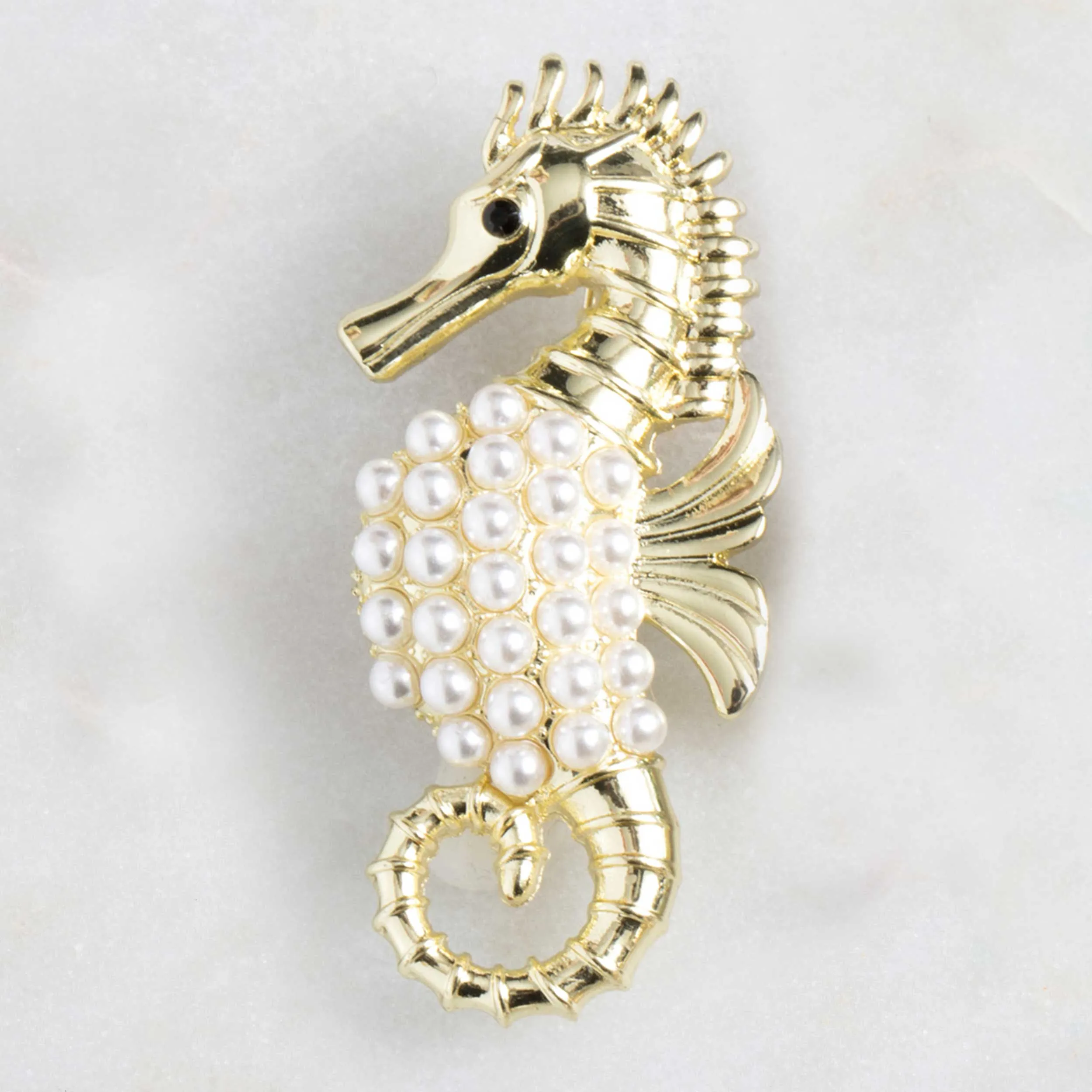 Seahorse and Pearls Gold Brooch