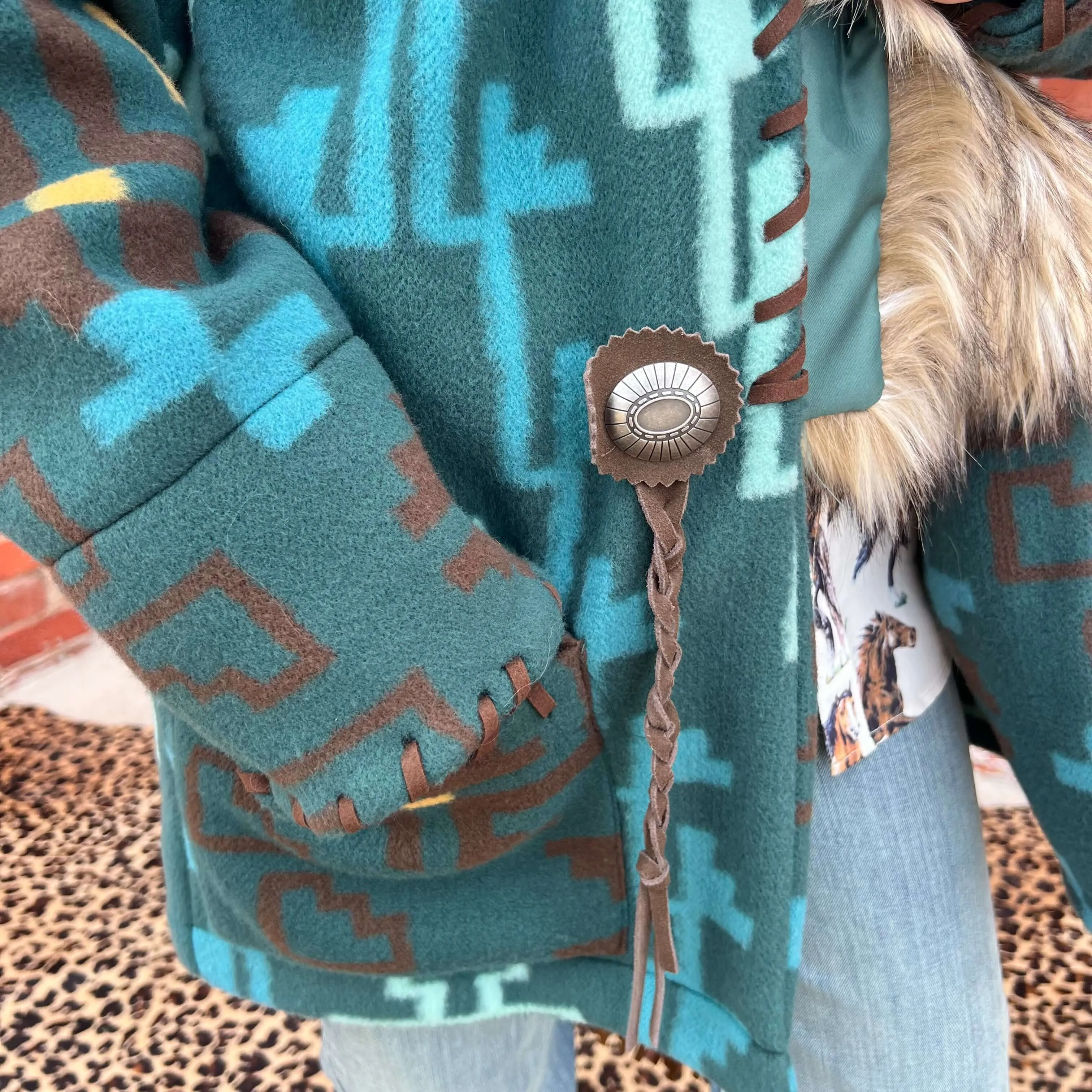 Short Turquoise Print Fur Jacket