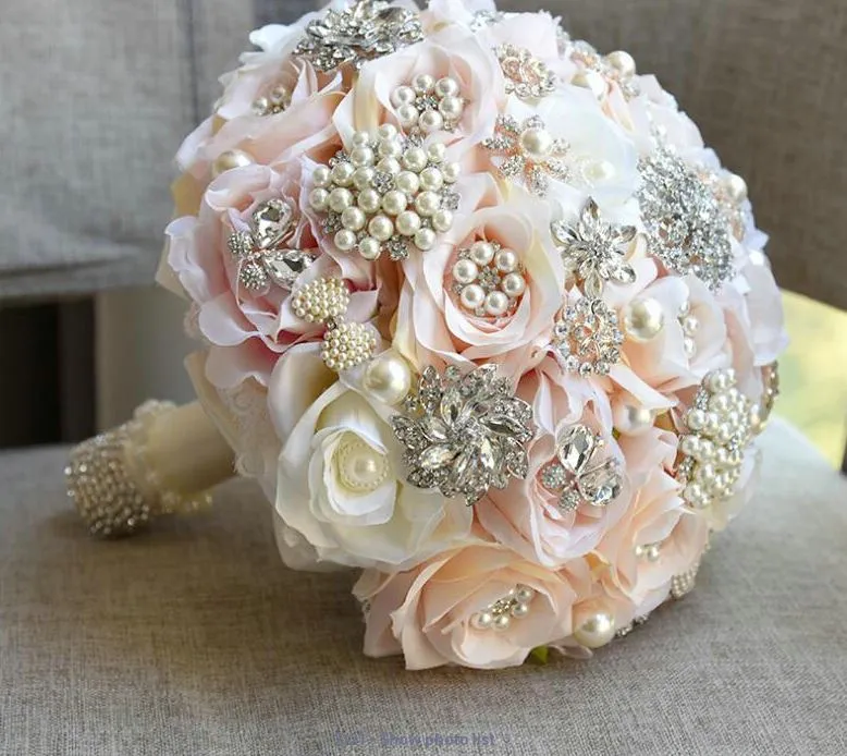 Silk Wedding Cascading Bouquet-Brides with Teardrop Butterfly Brooch or Round Bridal Style