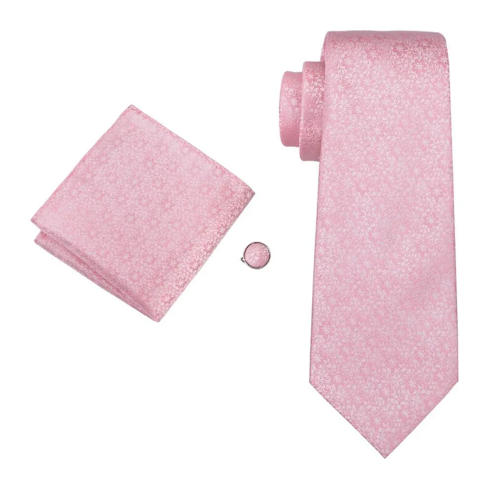 Silver Pink Floral Men's Tie Pocket Square Cufflinks Set  with Brooch