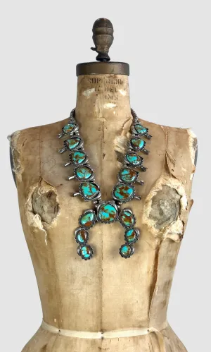 SQUASH BLOSSOM Large Royston Turquoise & Silver Necklace