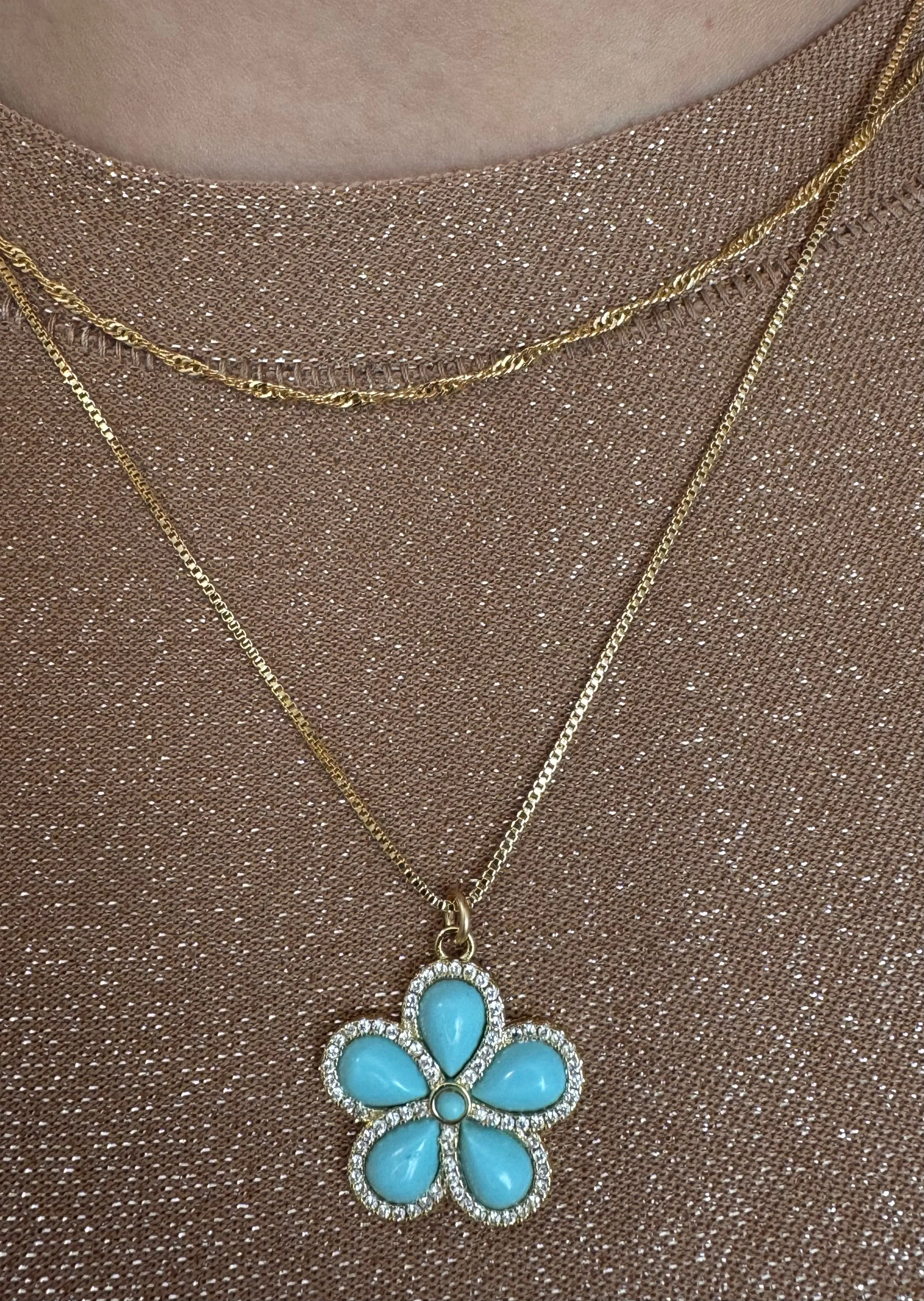 Stone Flower With CZ on Gold Fill Chain Necklace: Turquoise (NGCP45FLTQ)