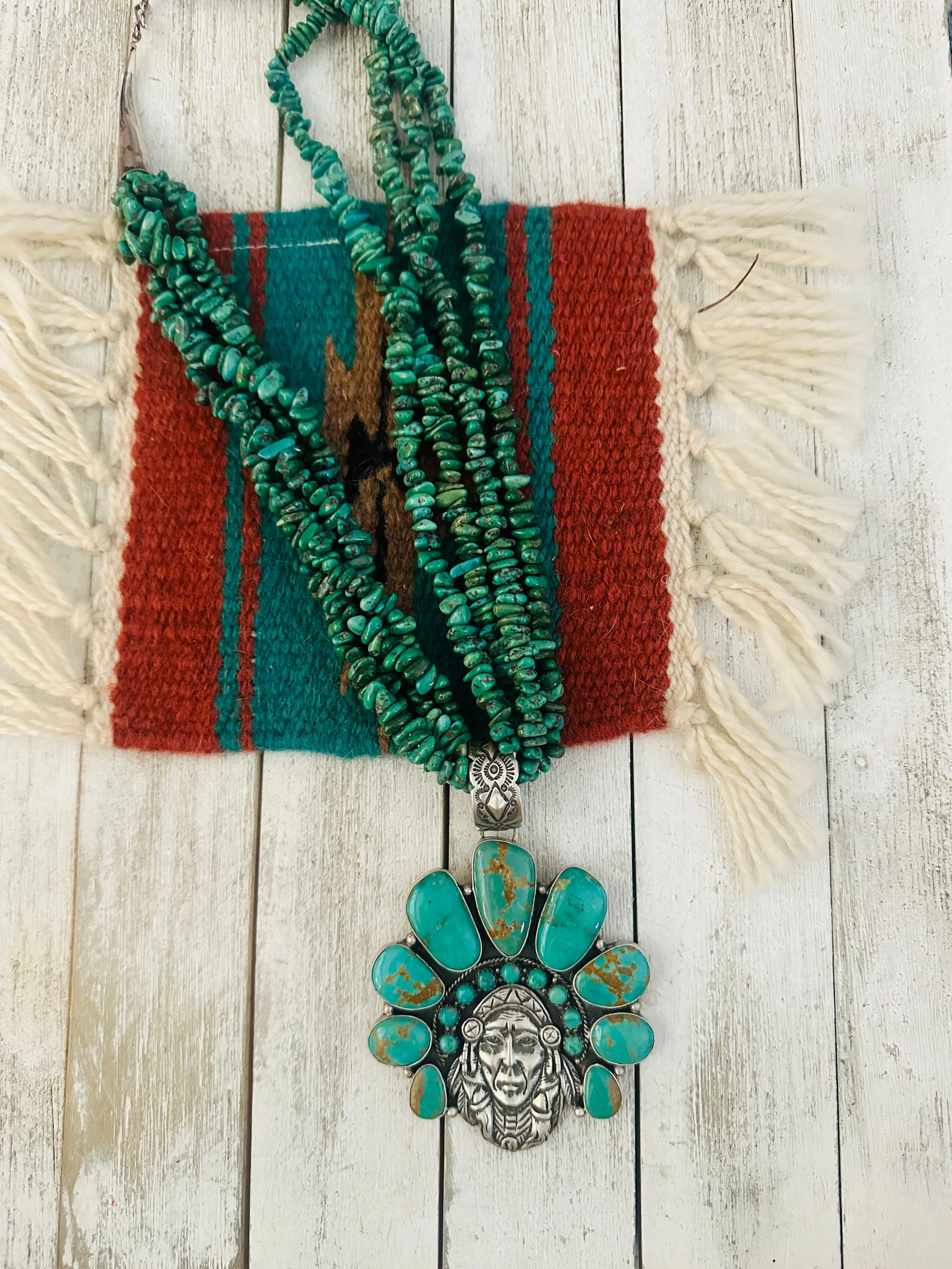 Stunning Navajo Sterling Silver & Turquoise Indian Chief Beaded Necklace