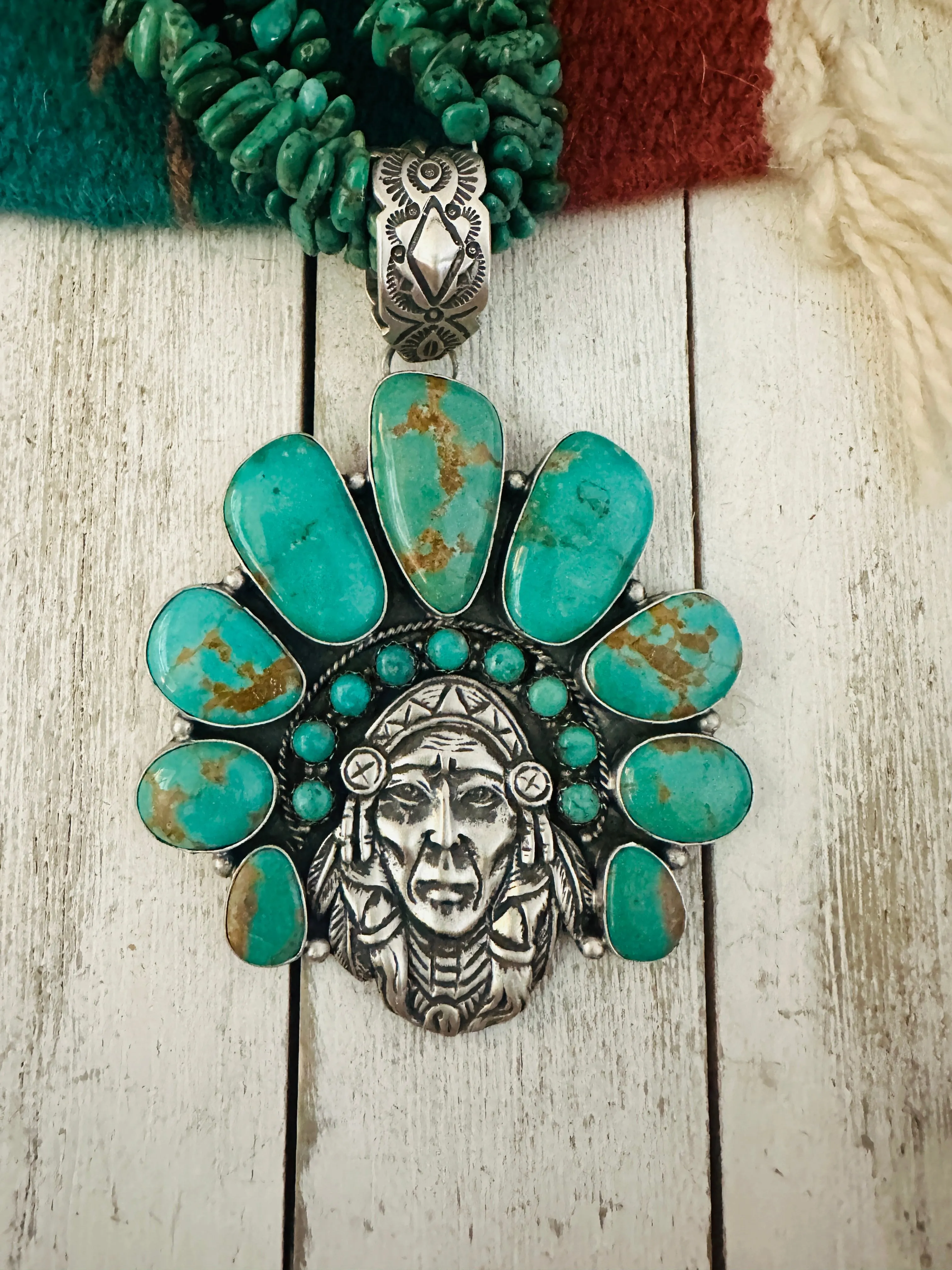 Stunning Navajo Sterling Silver & Turquoise Indian Chief Beaded Necklace