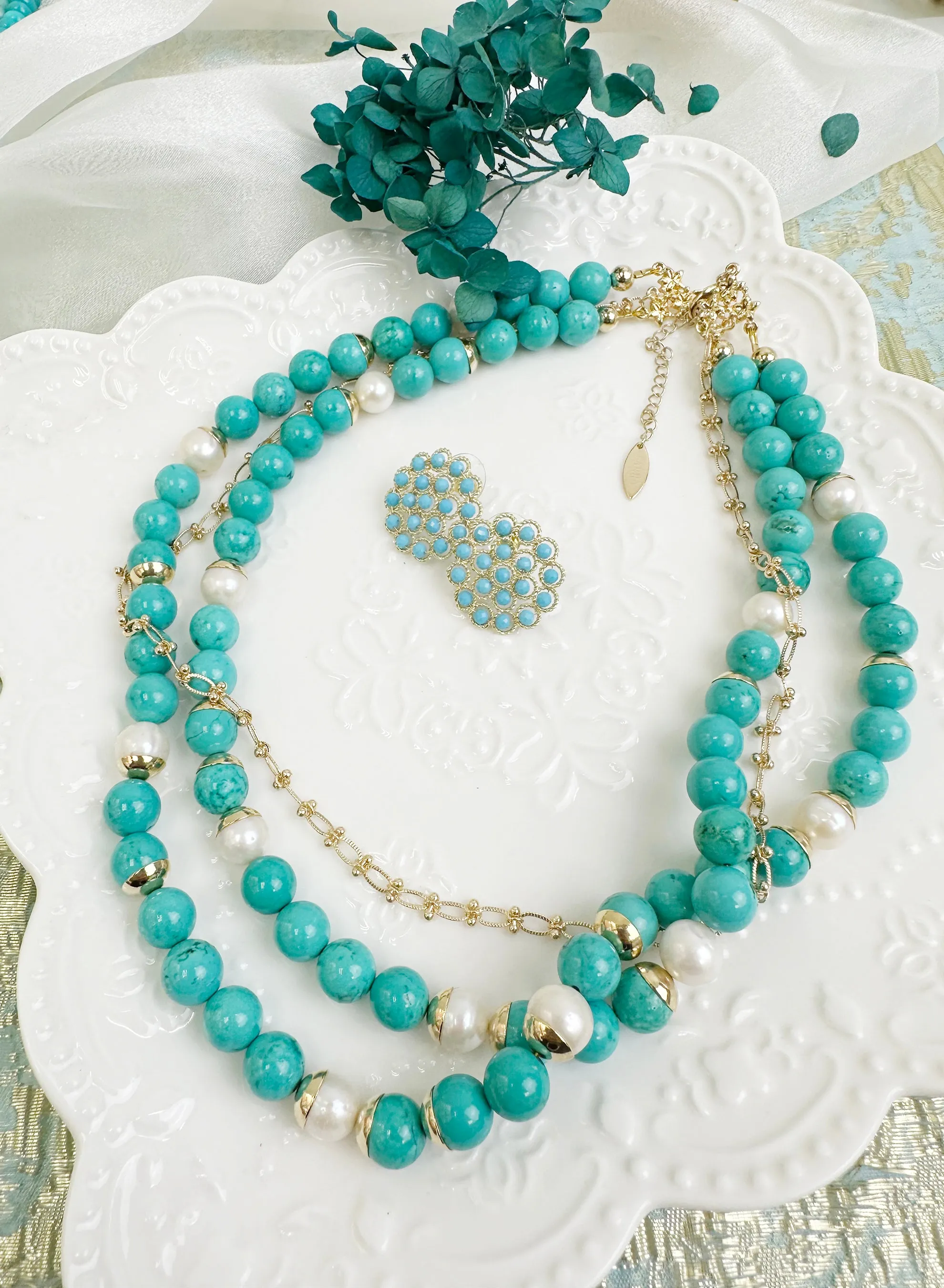 Turquoise & Freshwater Pearls Double Strands Necklace KN015