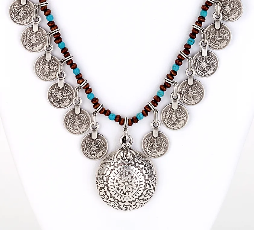 Turquoise Beaded Coin Long Necklace