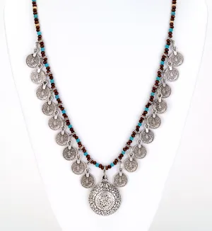 Turquoise Beaded Coin Long Necklace