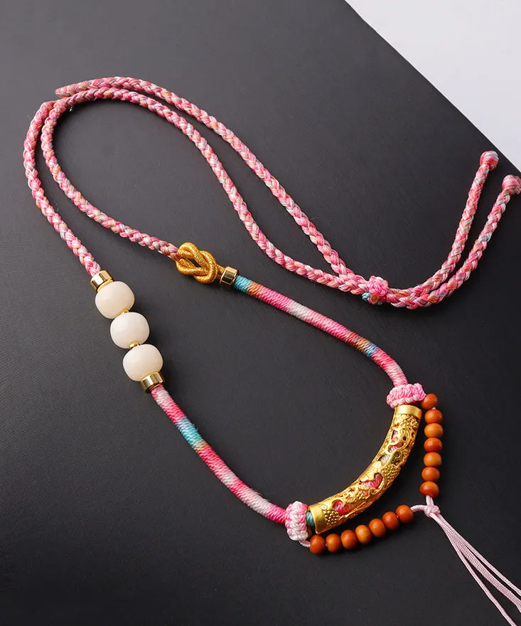 Unique Pink Copper Overgild Jade Beading Tassel Pendant Necklace KX1007