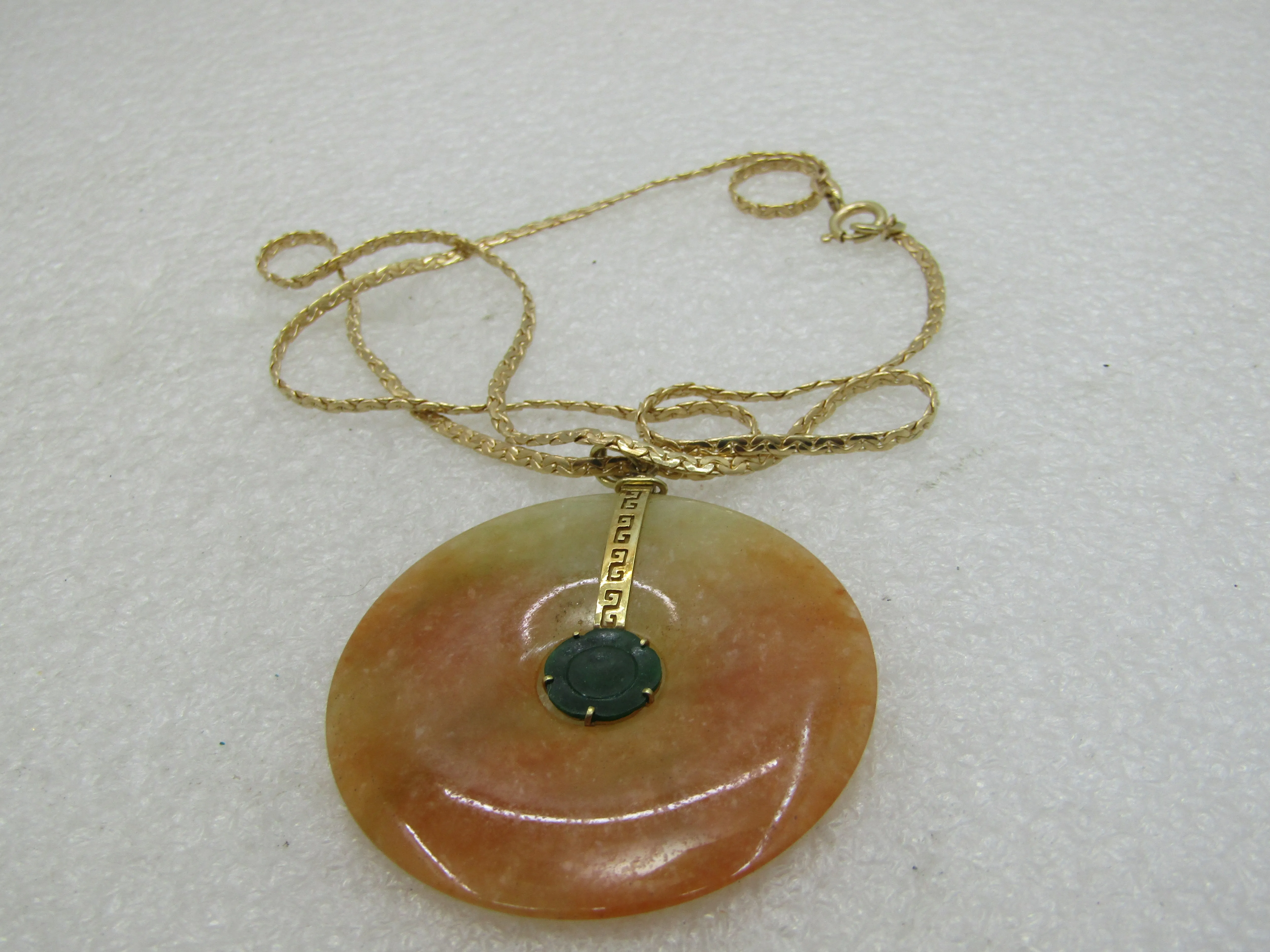 Vintage 14kt Two-Tone Jade Disc Necklace, 20", Signed Baroness