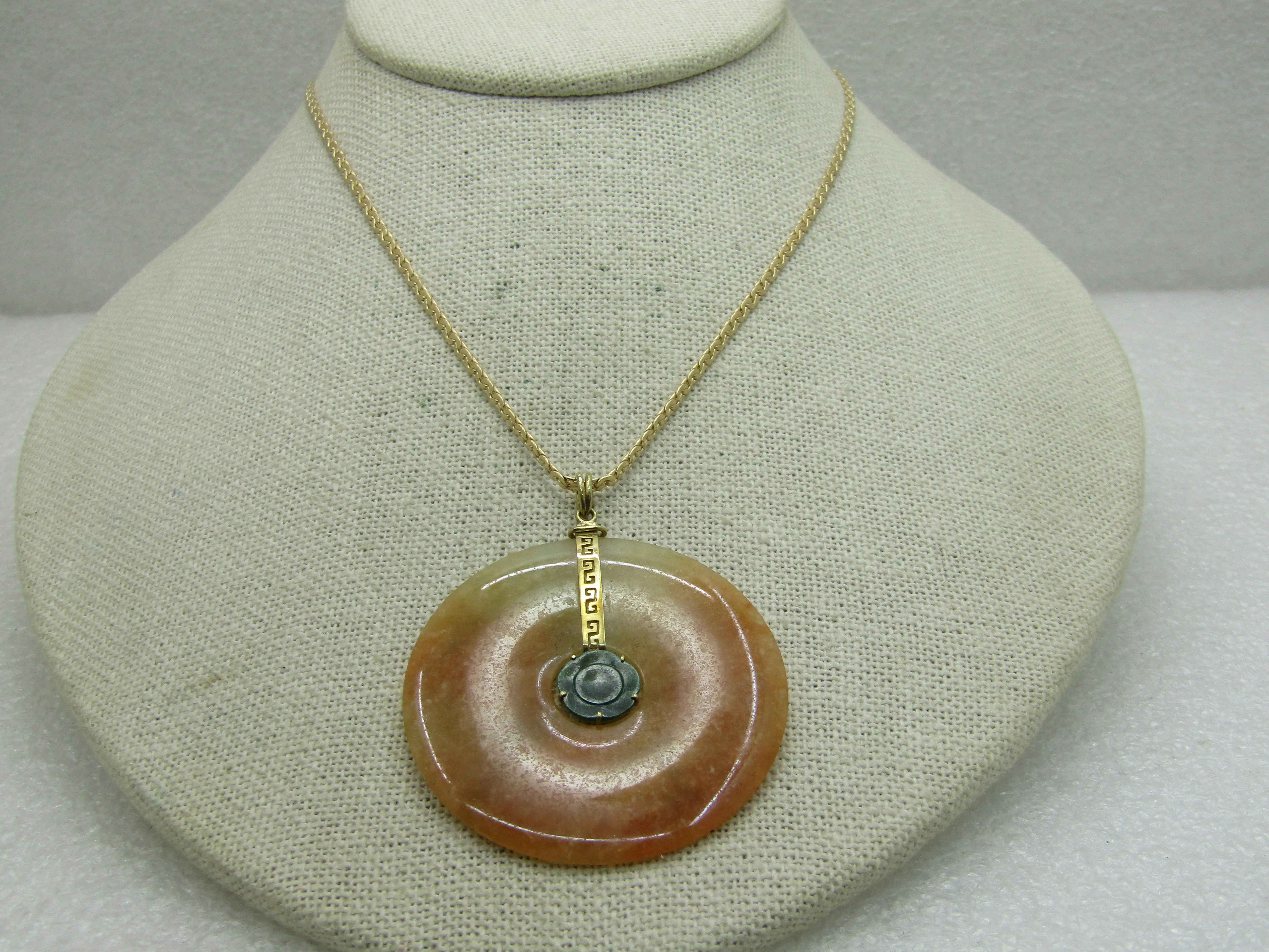 Vintage 14kt Two-Tone Jade Disc Necklace, 20", Signed Baroness