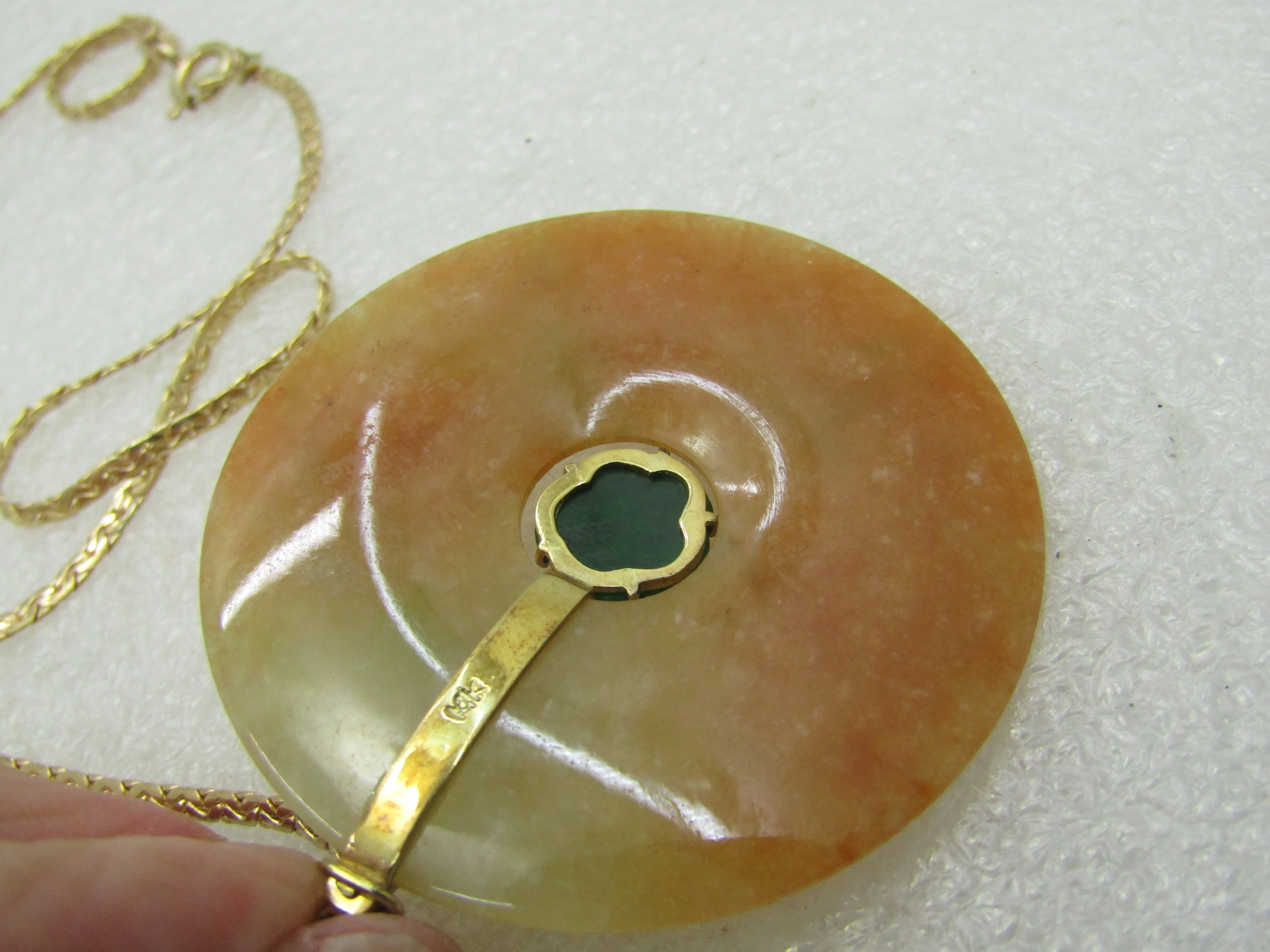 Vintage 14kt Two-Tone Jade Disc Necklace, 20", Signed Baroness