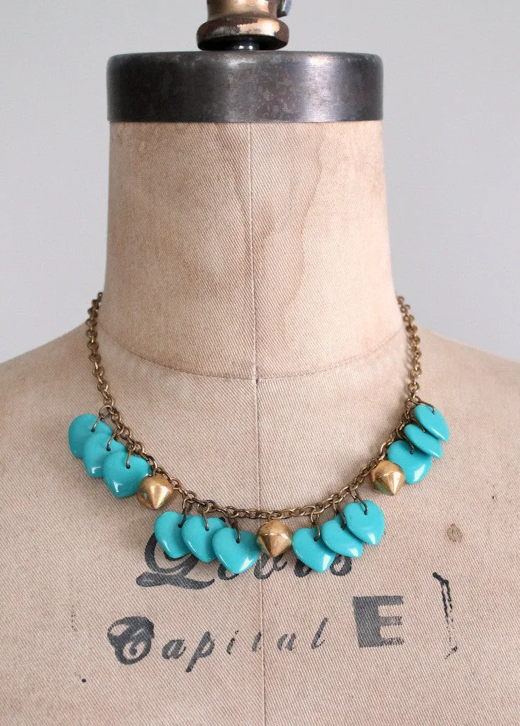 Vintage 1940s Turquoise Glass Hearts and Brass Necklace