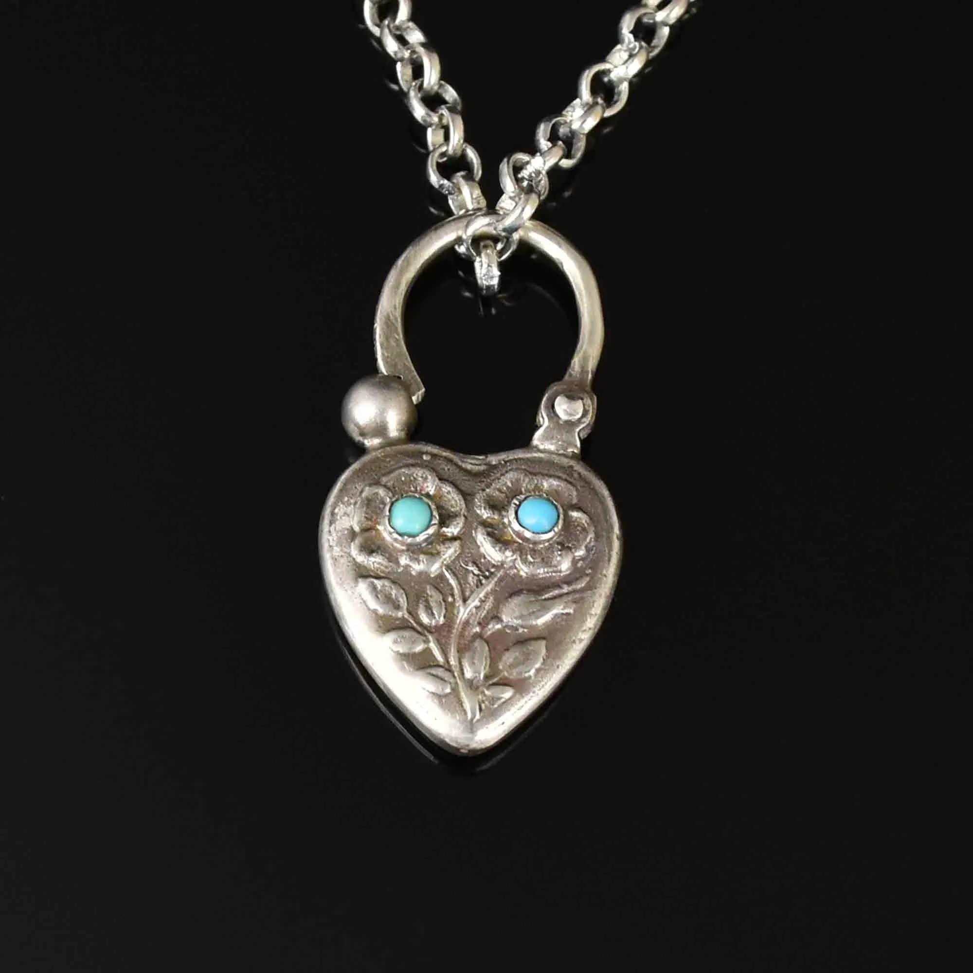 Vintage Agate Turquoise Carved Silver Heart Padlock Necklace