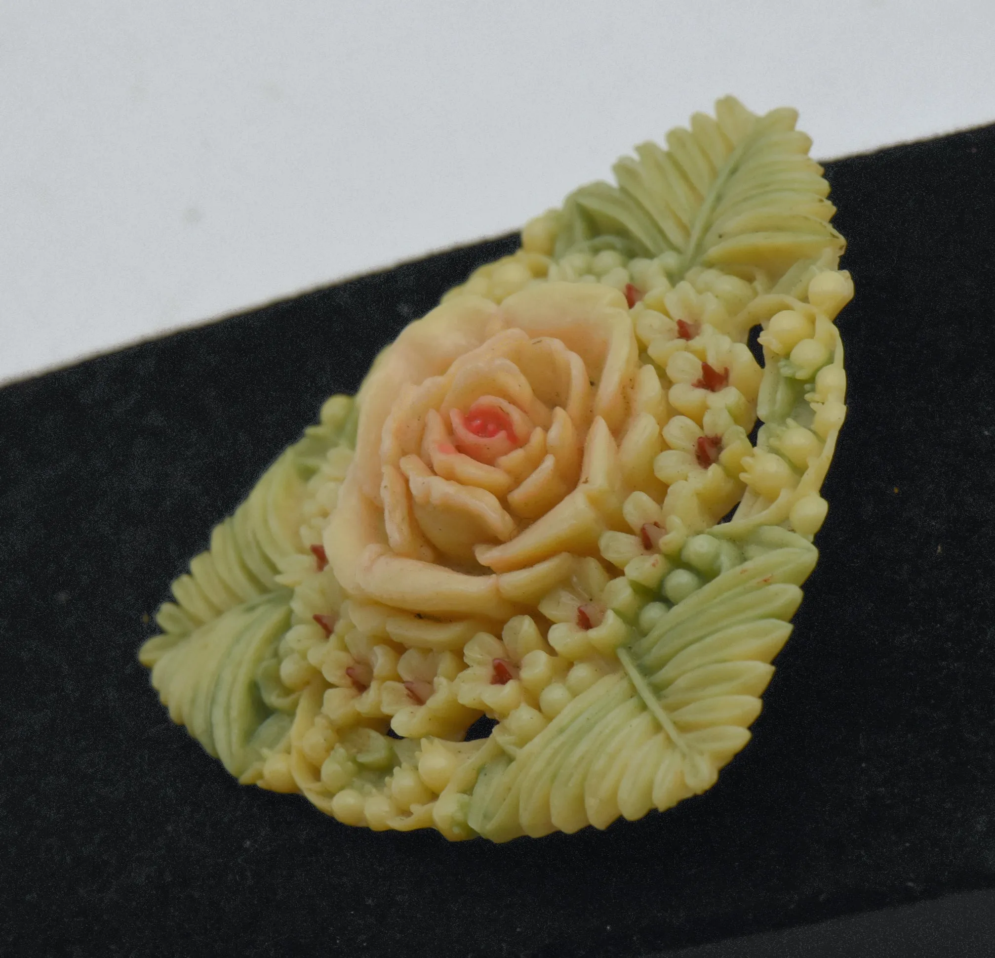 Vintage Carved Plastic Floral Arrangement Brooch