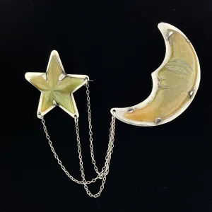 Vintage Mexico Silver Agate Star and Moon Triple Chain Brooch