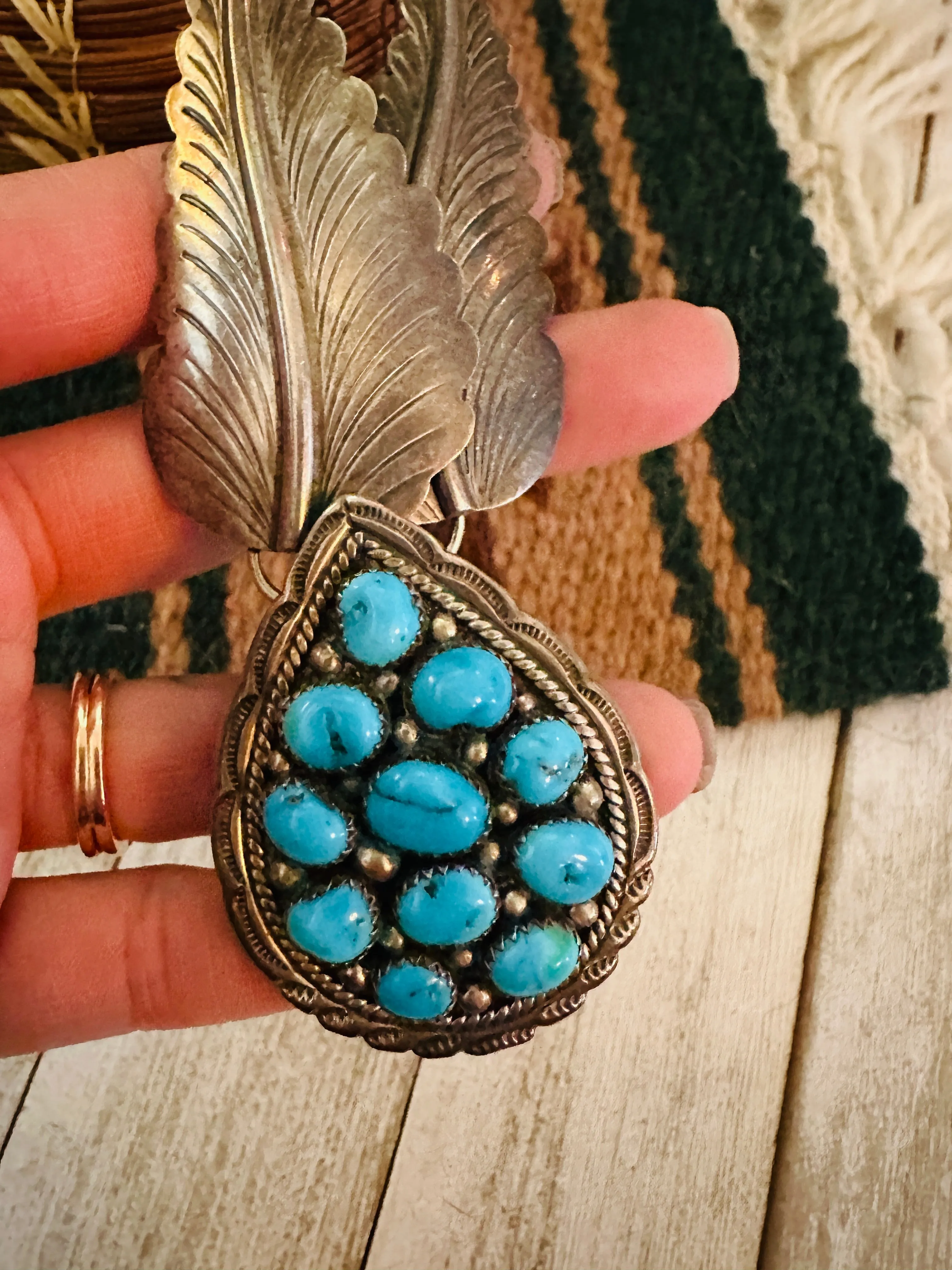 Vintage Old Pawn Navajo Turquoise & Sterling Silver Cluster Necklace