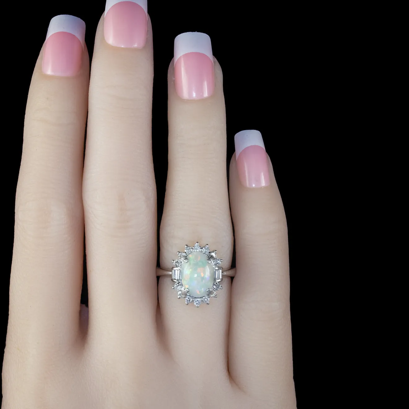 Vintage Opal Diamond Cluster Ring Platinum 1.91Ct Natural Opal Circa 1960