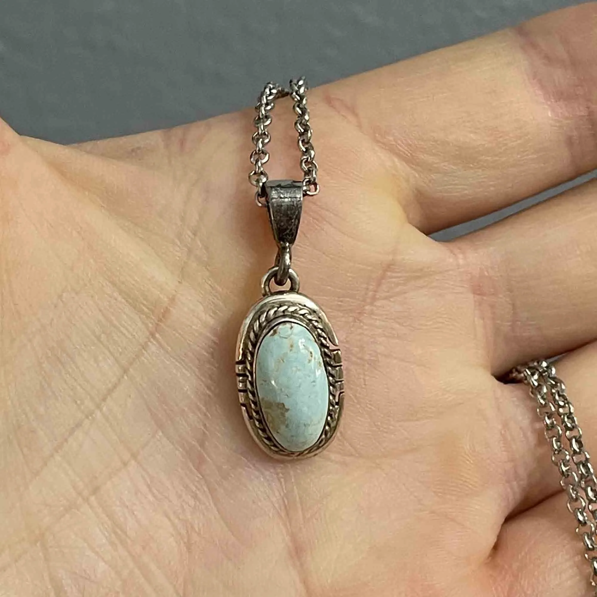 Vintage Turquoise Silver Rope Pendant Necklace