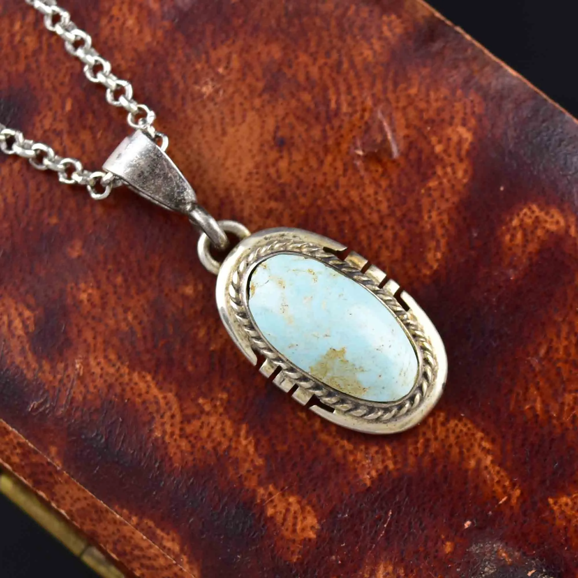 Vintage Turquoise Silver Rope Pendant Necklace