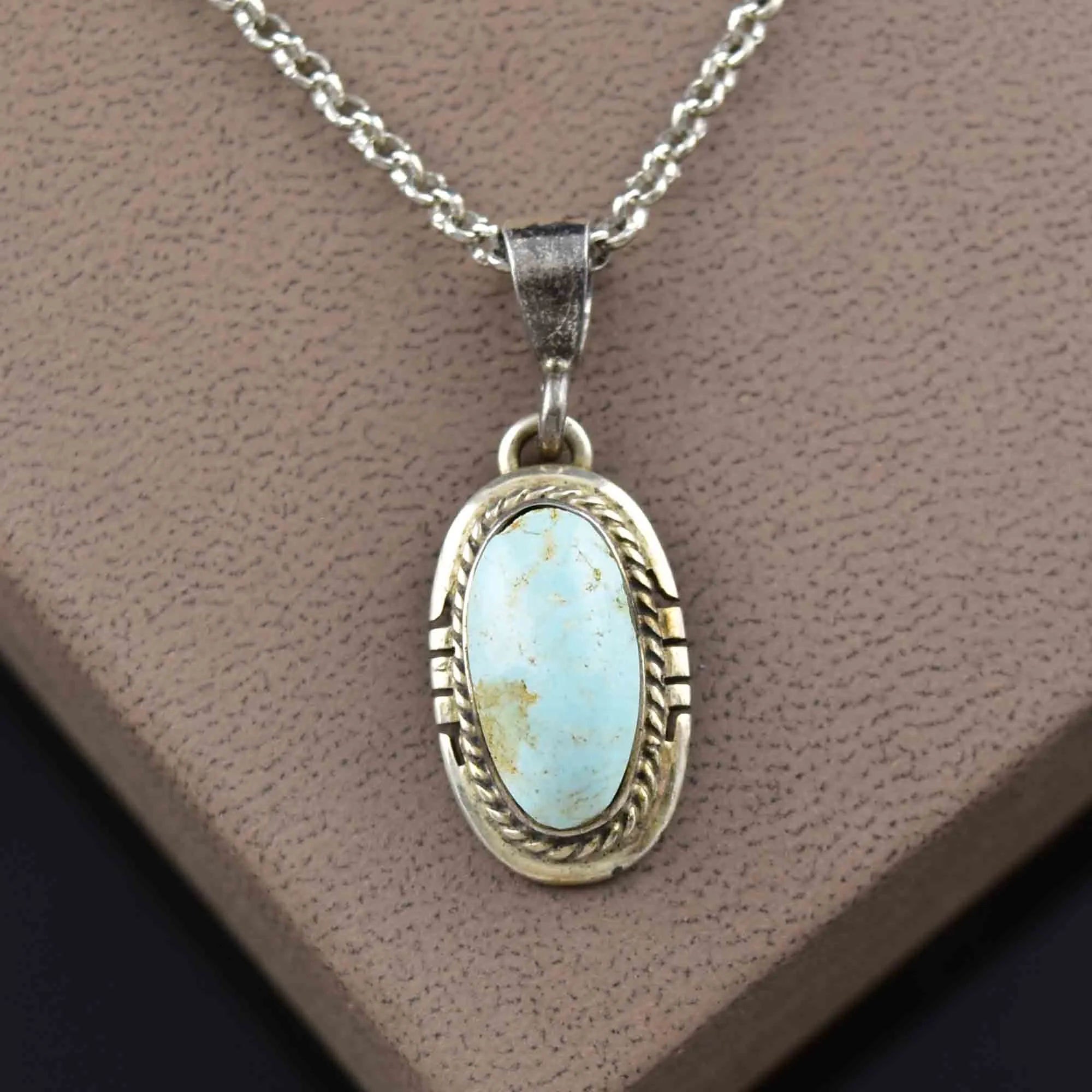 Vintage Turquoise Silver Rope Pendant Necklace