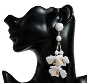 White Floral Long Dangle Earrings