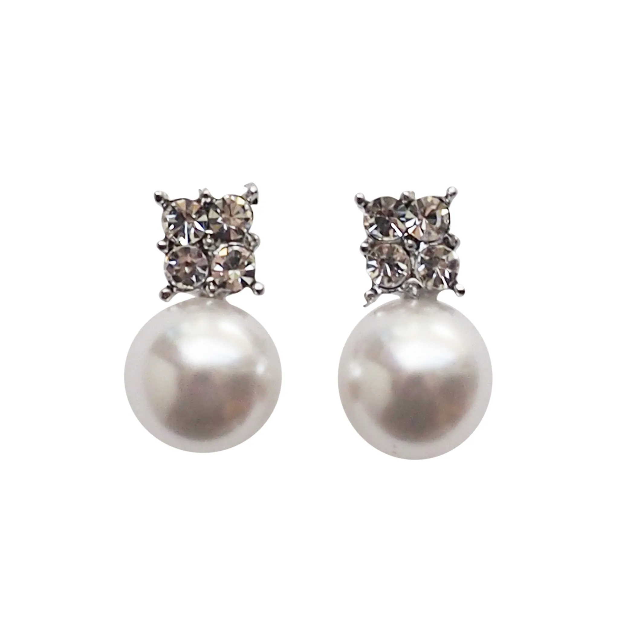 White Pearl and Rhinestone Invisible Clip On Stud Earrings (Silver tone)