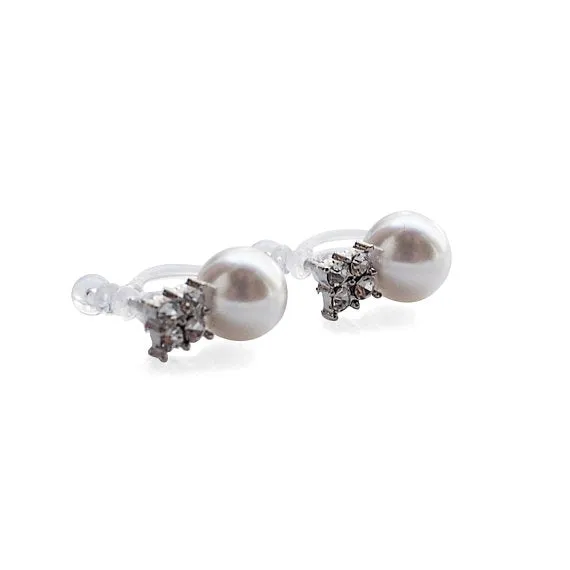 White Pearl and Rhinestone Invisible Clip On Stud Earrings (Silver tone)