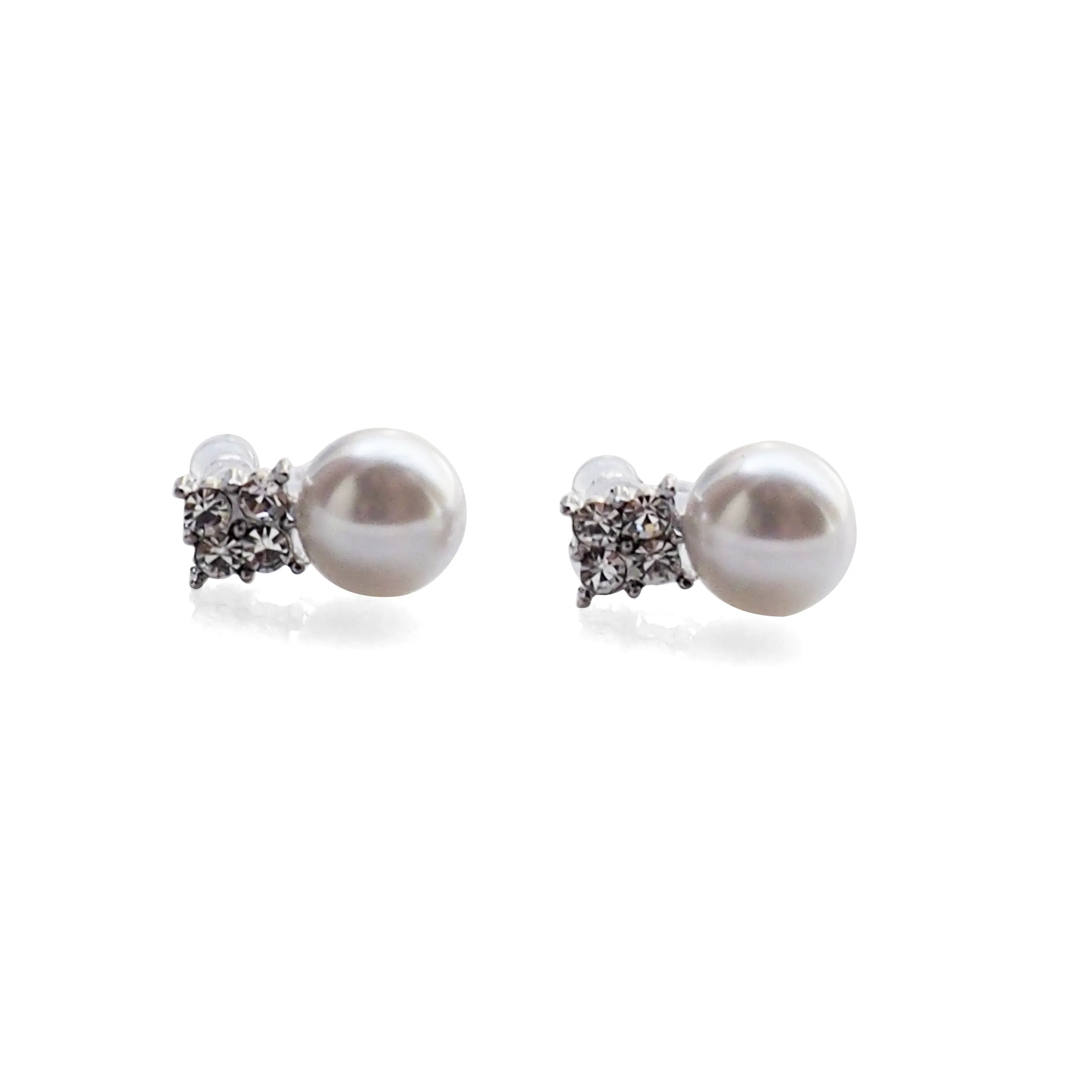 White Pearl and Rhinestone Invisible Clip On Stud Earrings (Silver tone)