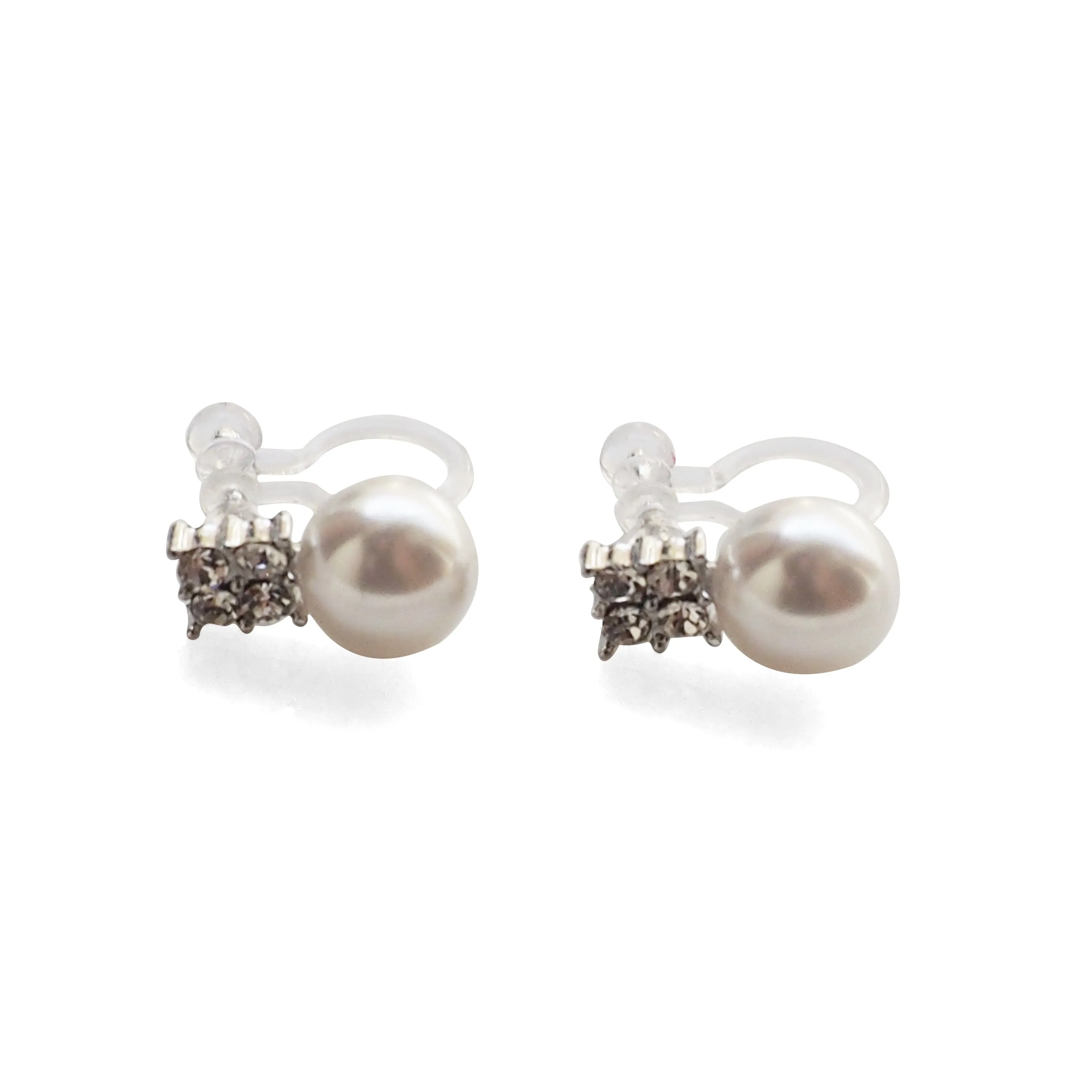 White Pearl and Rhinestone Invisible Clip On Stud Earrings (Silver tone)