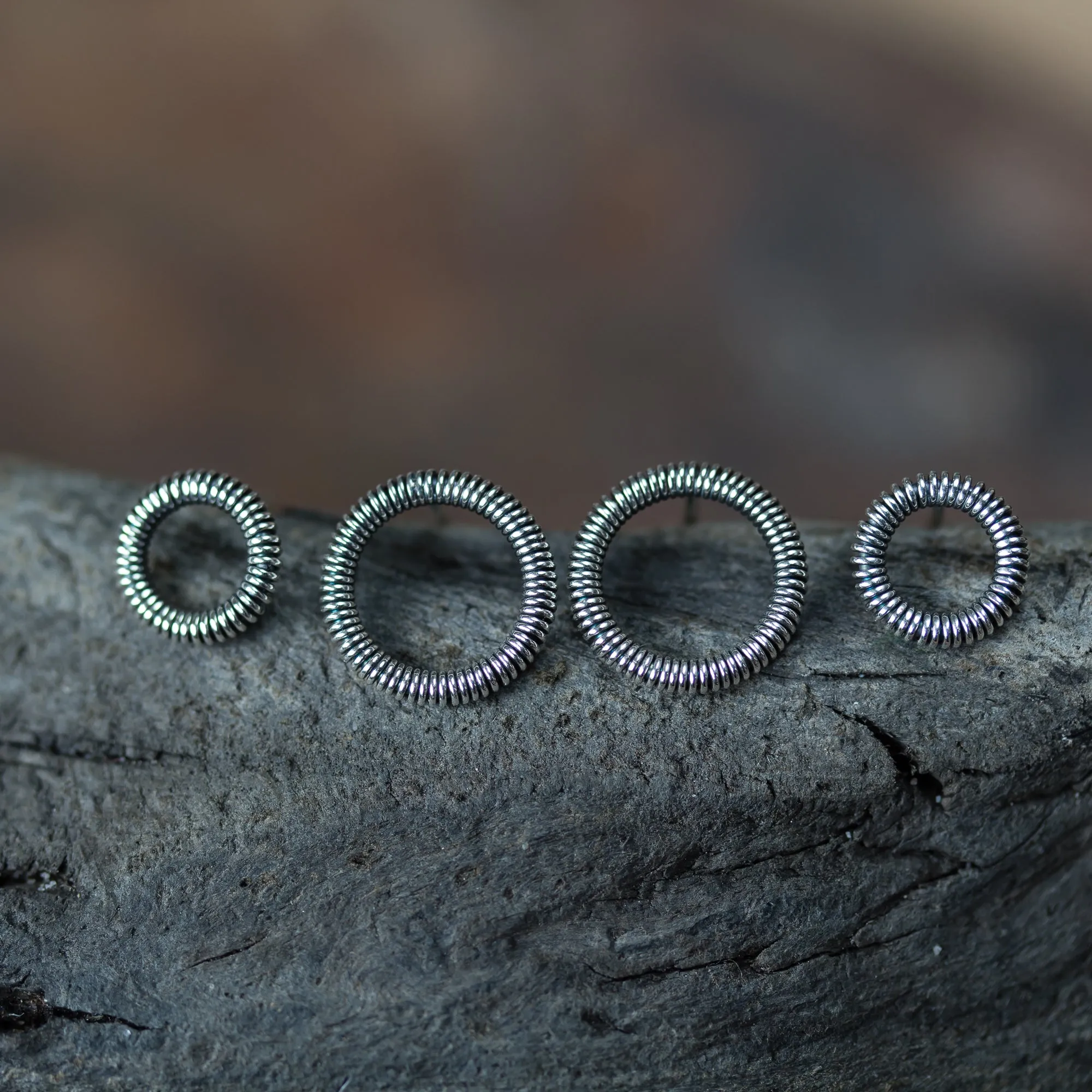 Wire Wrapped Circle Studs For Double Piercing, Sterling Silver